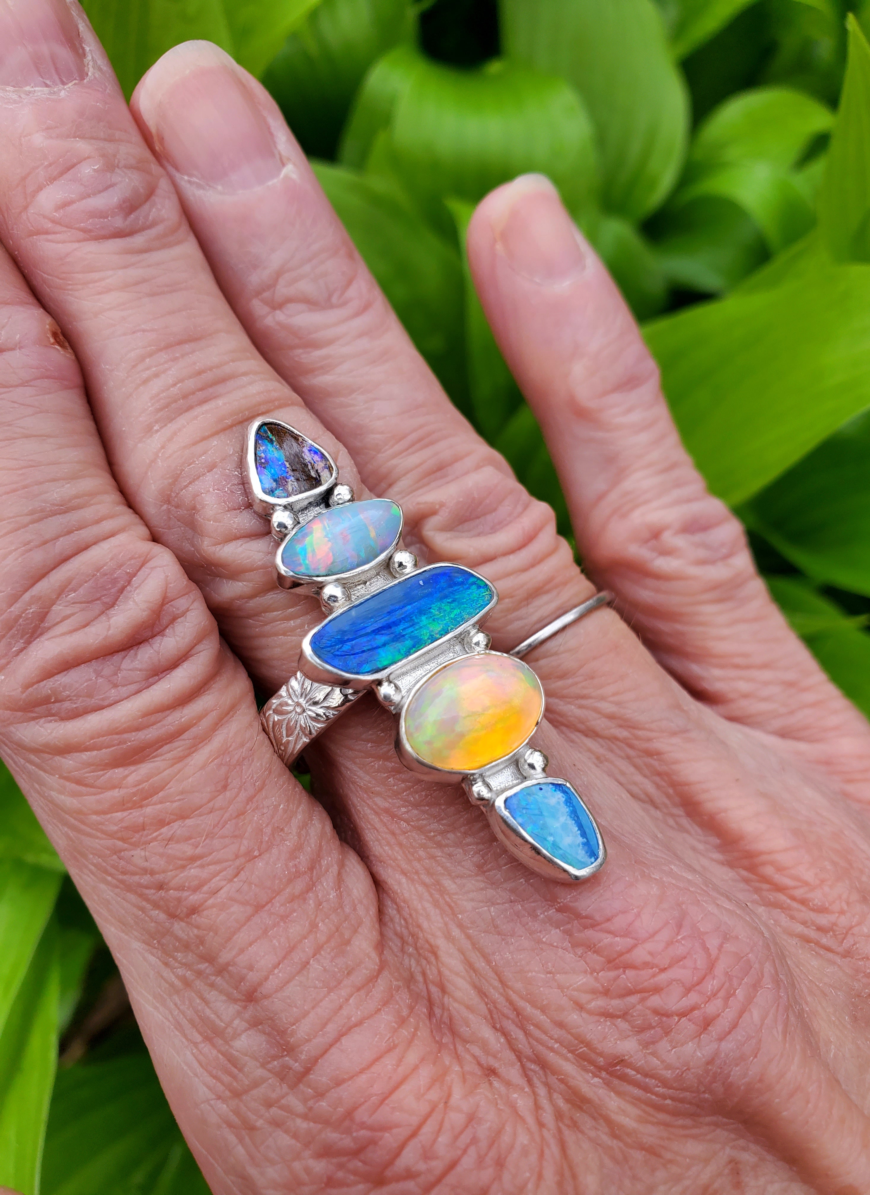 Stunning 5 Opal Australian Opal Sterling Silver Statement Ring. Size 8.