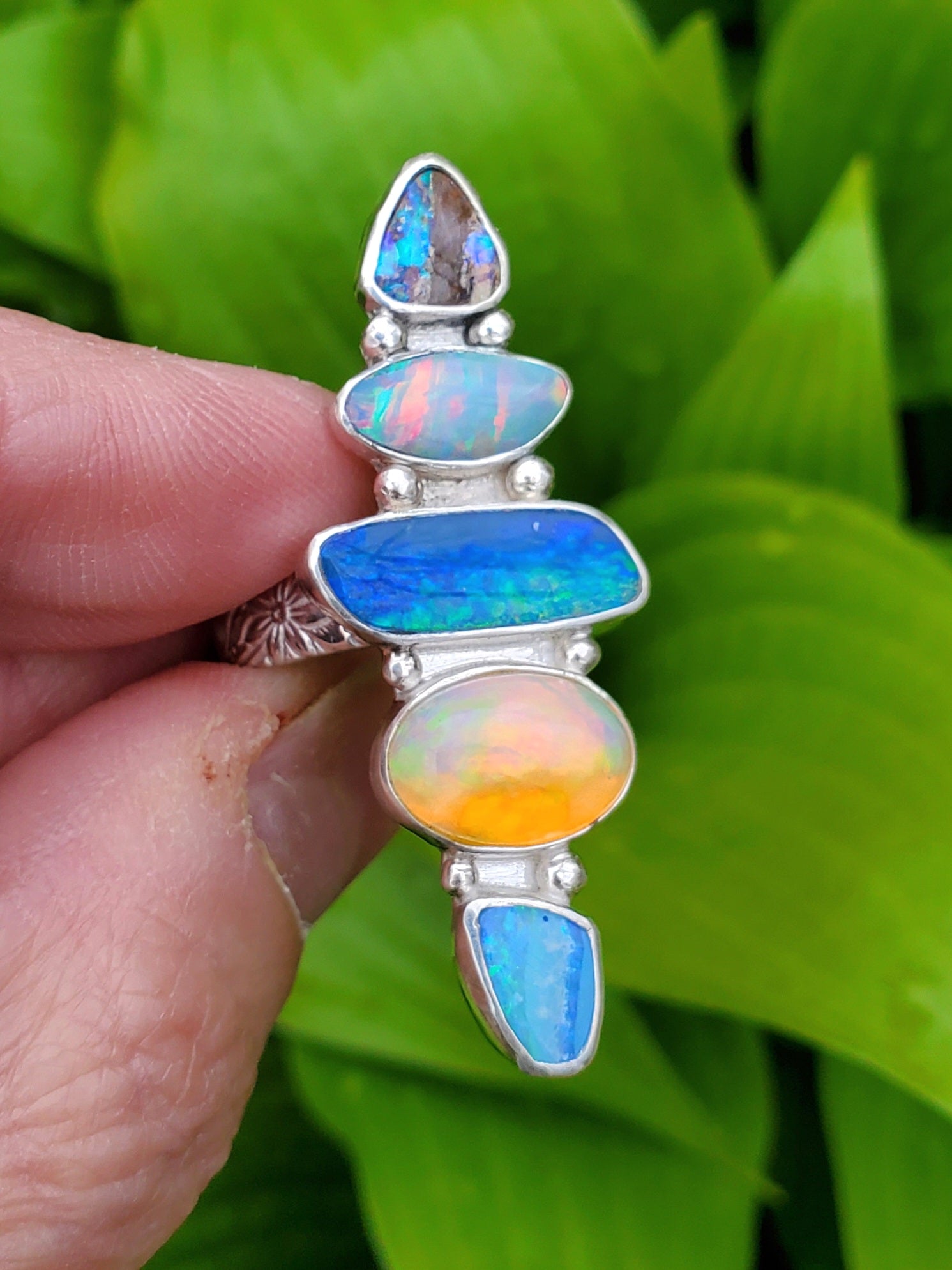 Stunning 5 Opal Australian Opal Sterling Silver Statement Ring. Size 8.
