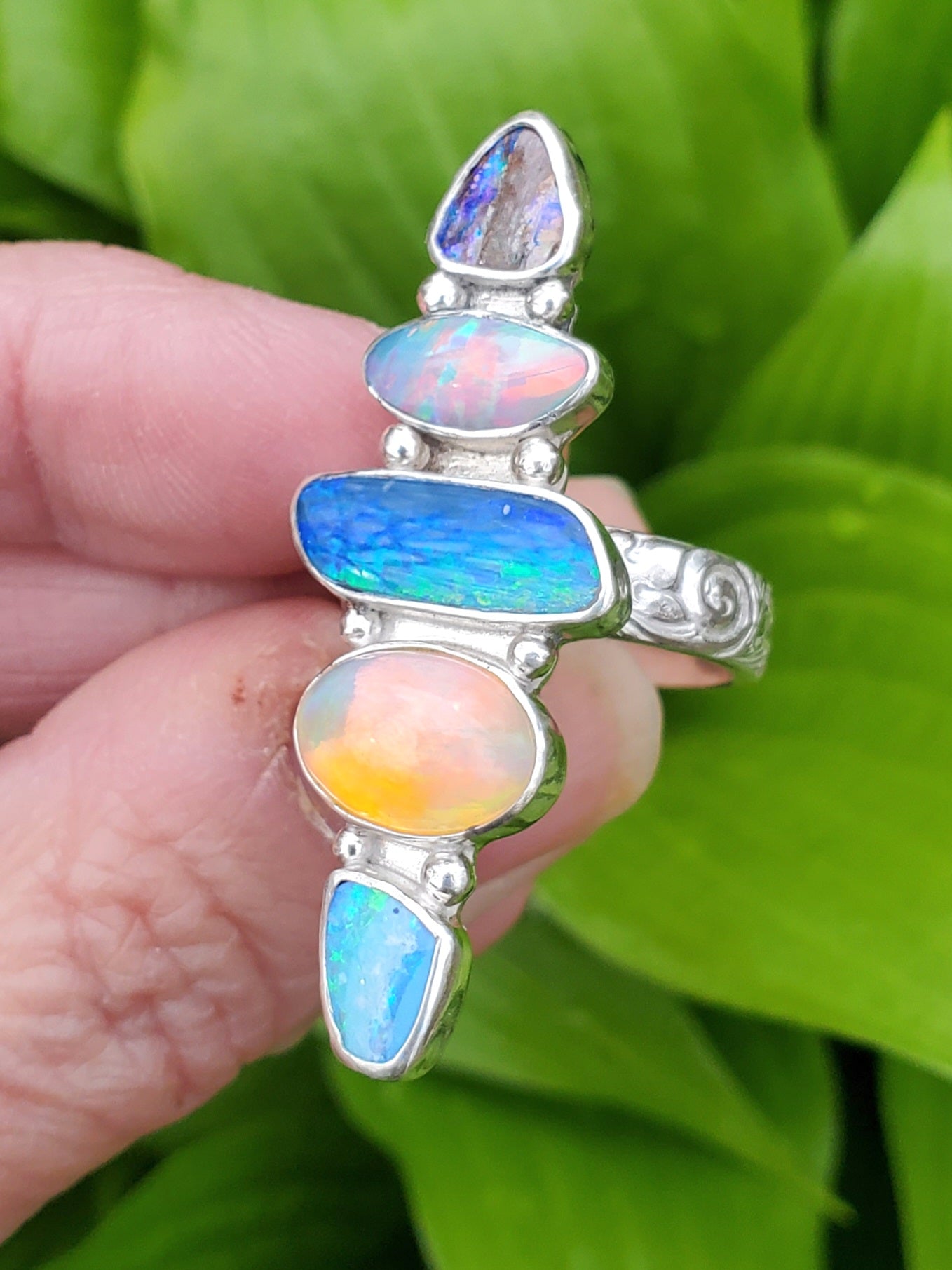 Stunning 5 Opal Australian Opal Sterling Silver Statement Ring. Size 8.
