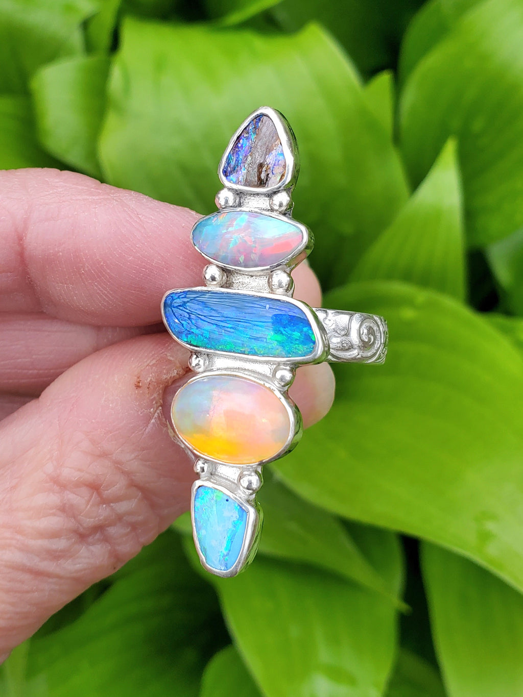 Stunning 5 Opal Australian Opal Sterling Silver Statement Ring. Size 8.