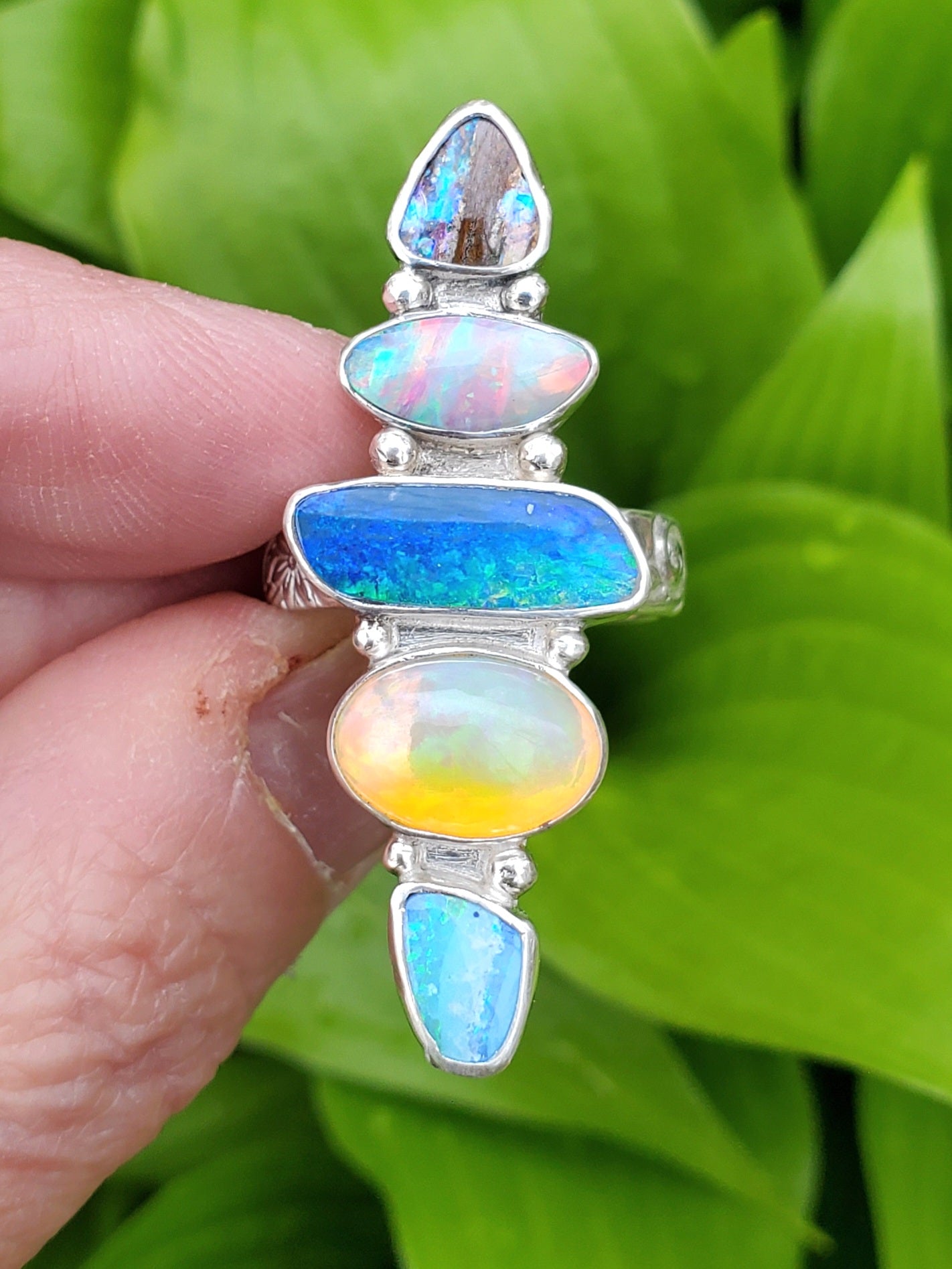 Stunning 5 Opal Australian Opal Sterling Silver Statement Ring. Size 8.
