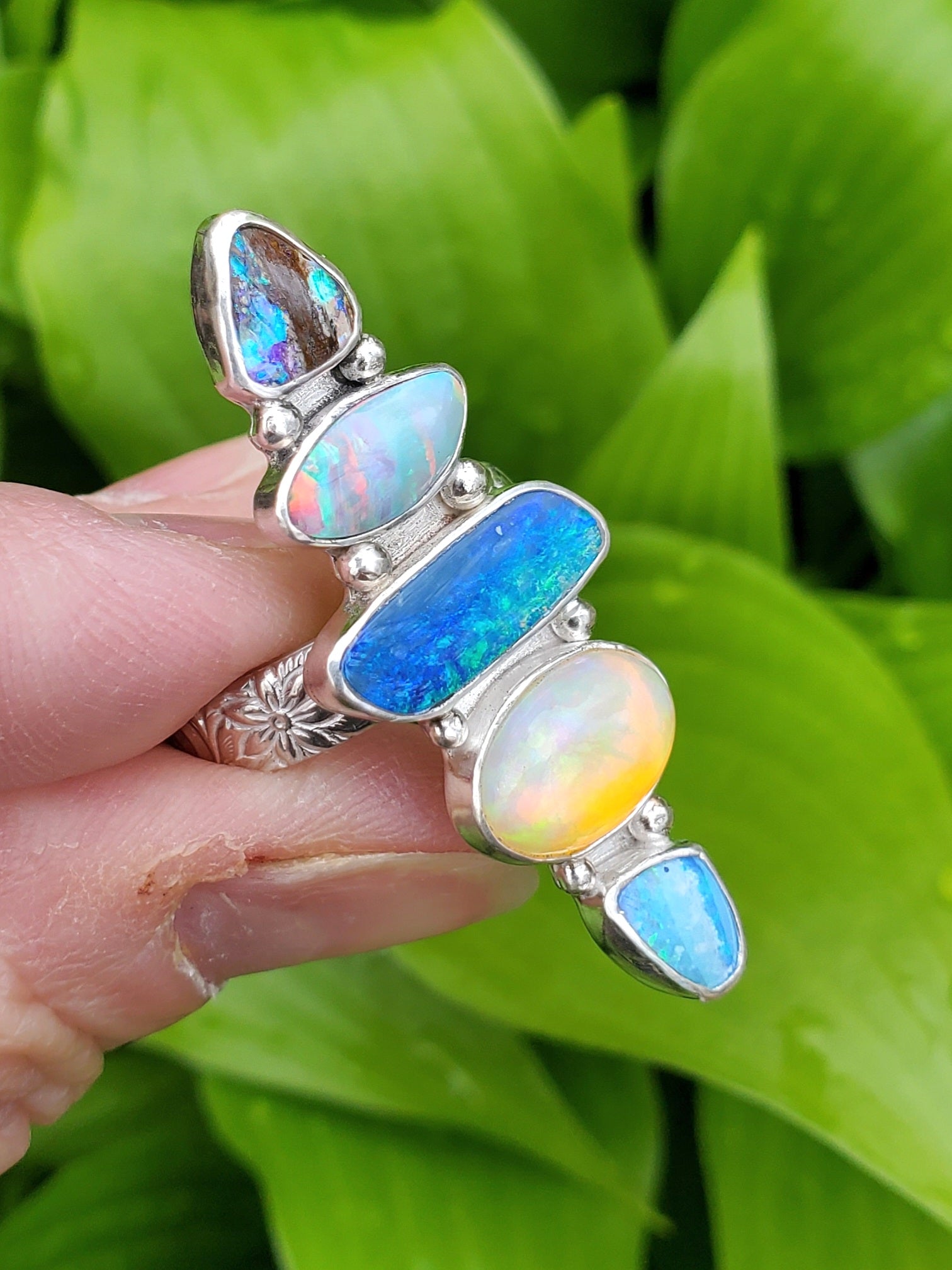 Stunning 5 Opal Australian Opal Sterling Silver Statement Ring. Size 8.