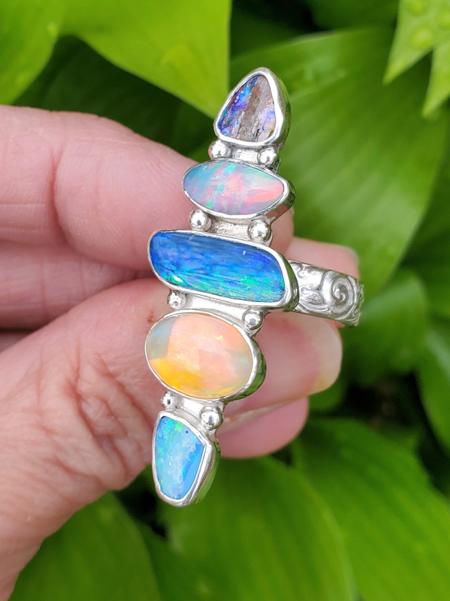 Stunning 5 Opal Australian Opal Sterling Silver Statement Ring. Size 8.
