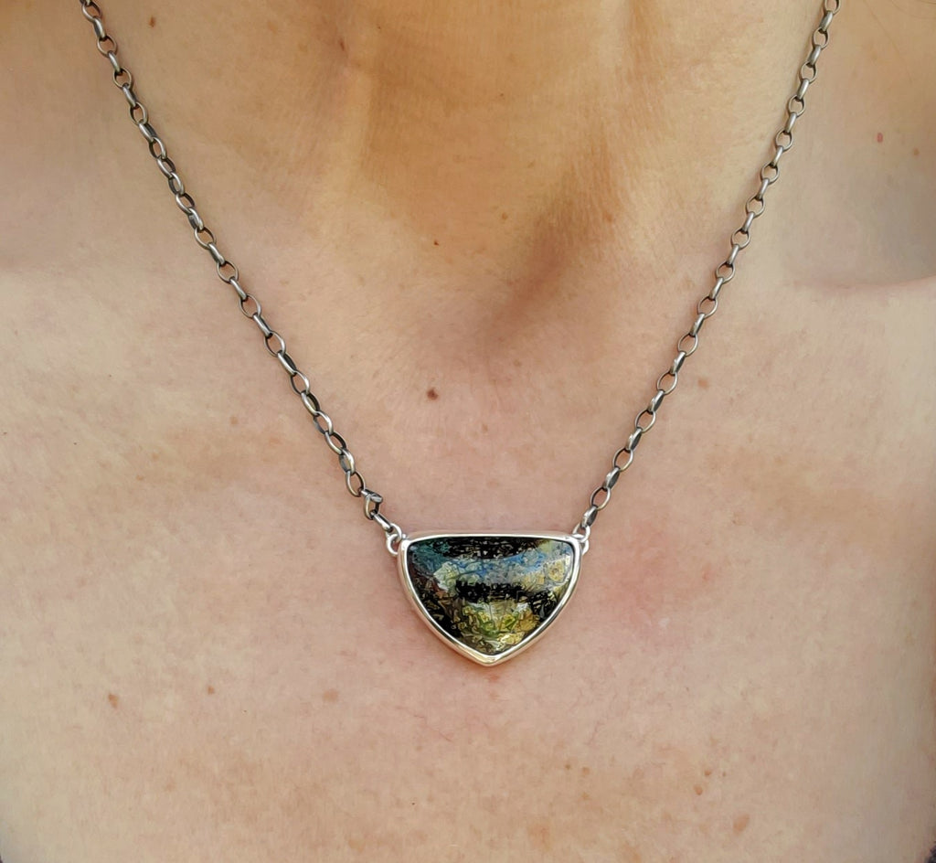 Golden Pyrite Chrysocolla Pendant Necklace in Solid Sterling Silver on a beautiful thick Oval Rolo Chain