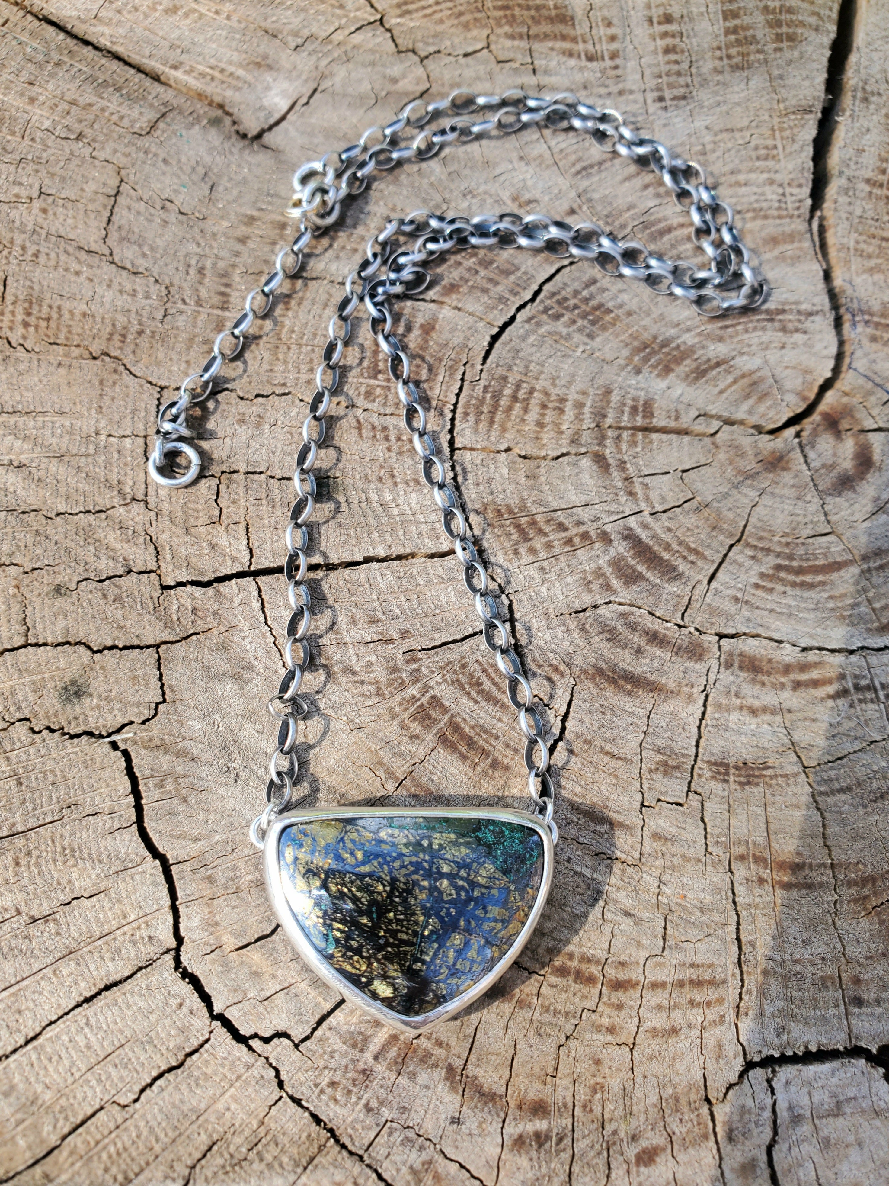 Golden Pyrite Chrysocolla Pendant Necklace in Solid Sterling Silver on a beautiful thick Oval Rolo Chain