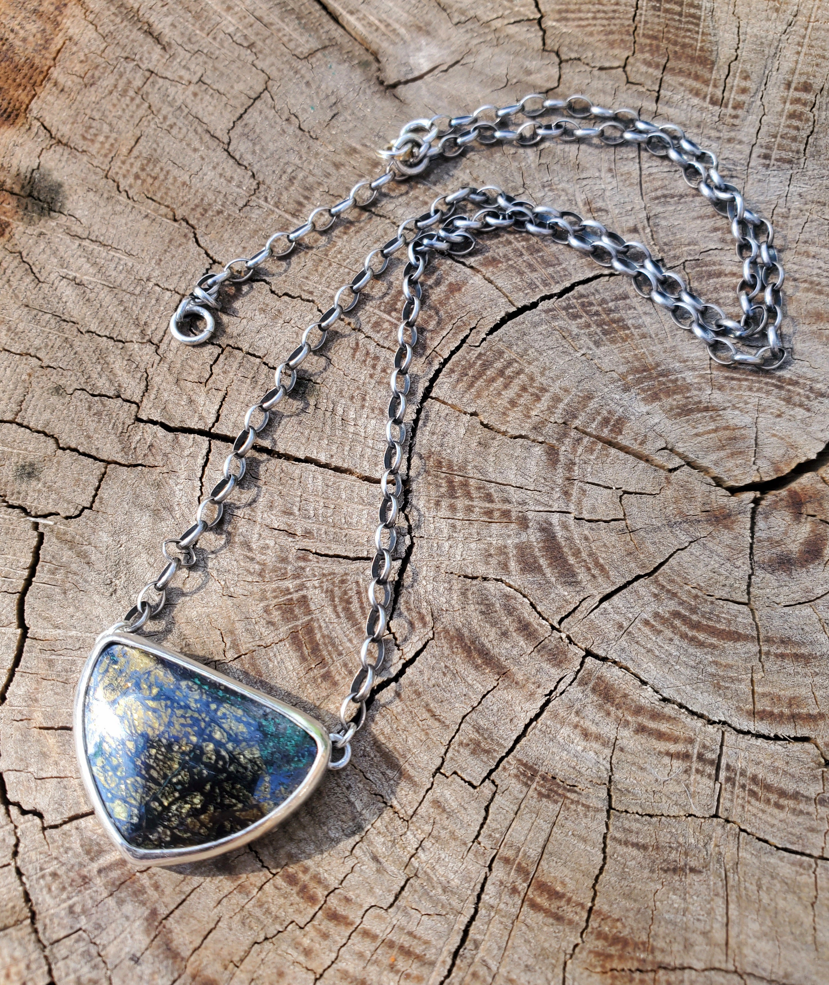 Golden Pyrite Chrysocolla Pendant Necklace in Solid Sterling Silver on a beautiful thick Oval Rolo Chain