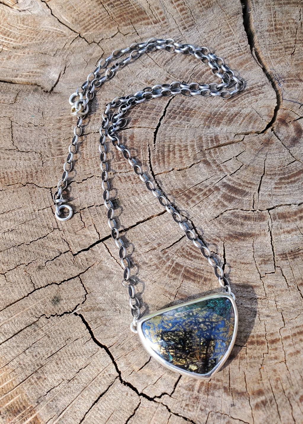 Golden Pyrite Chrysocolla Pendant Necklace in Solid Sterling Silver on a beautiful thick Oval Rolo Chain