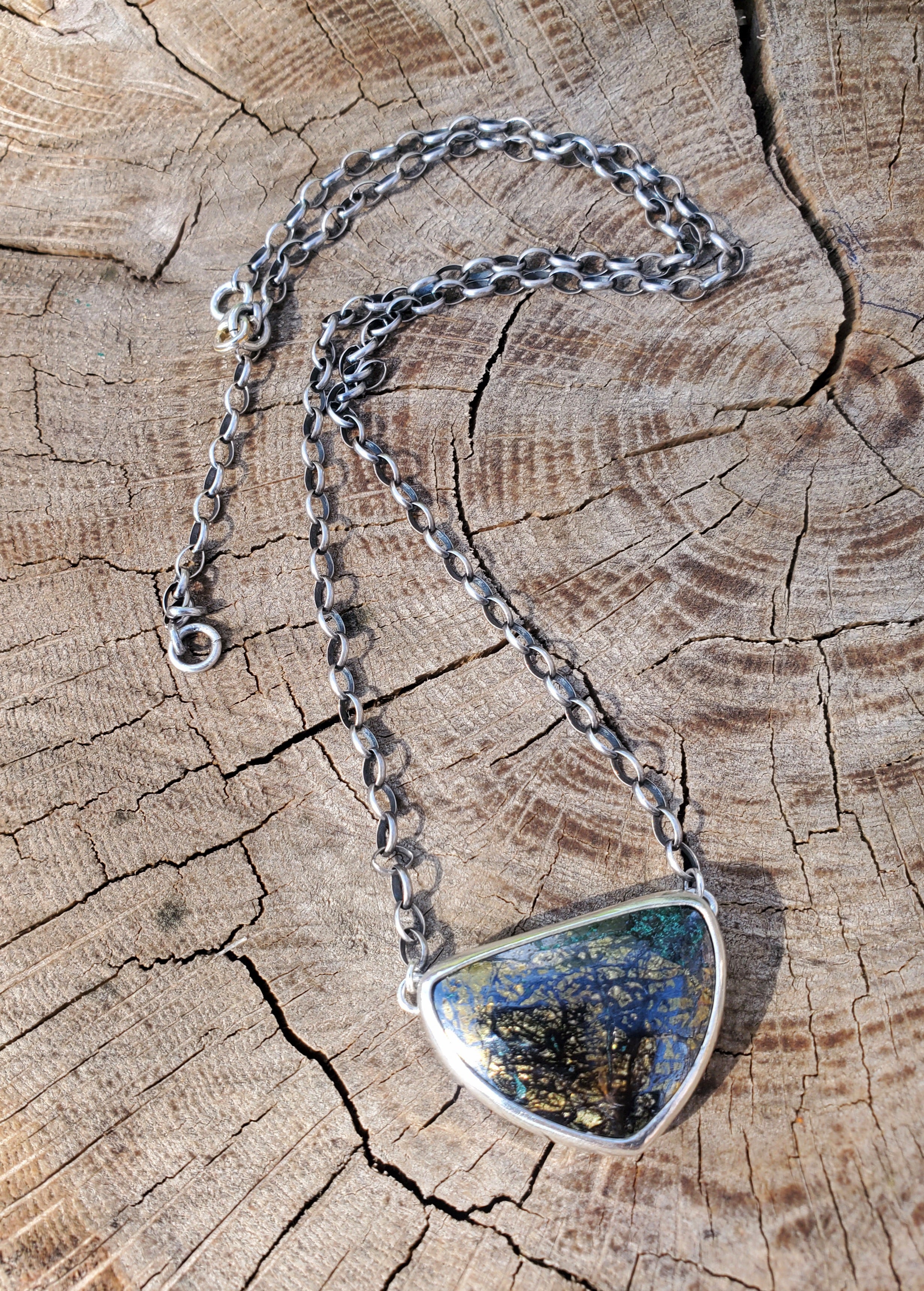 Golden Pyrite Chrysocolla Pendant Necklace in Solid Sterling Silver on a beautiful thick Oval Rolo Chain