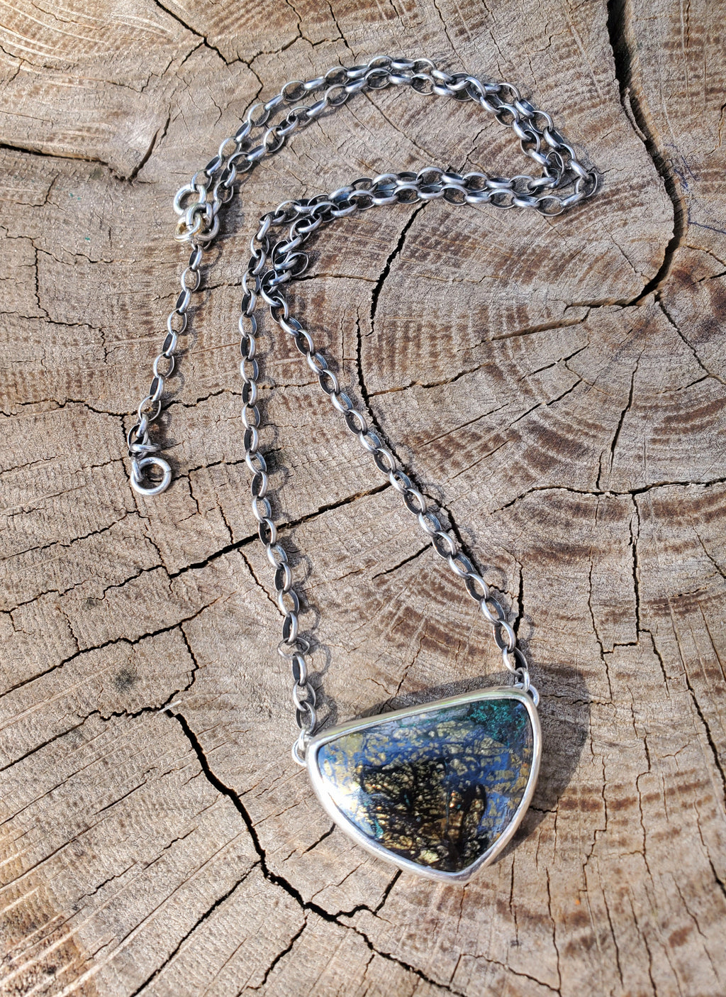 Golden Pyrite Chrysocolla Pendant Necklace in Solid Sterling Silver on a beautiful thick Oval Rolo Chain