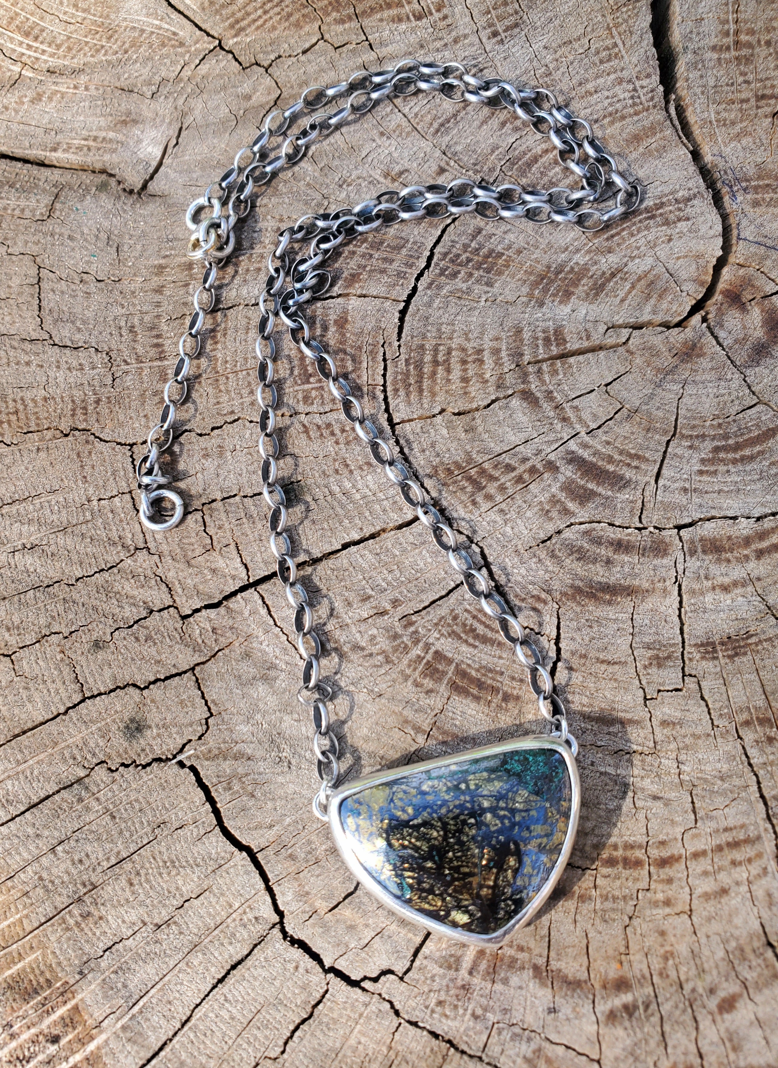 Golden Pyrite Chrysocolla Pendant Necklace in Solid Sterling Silver on a beautiful thick Oval Rolo Chain