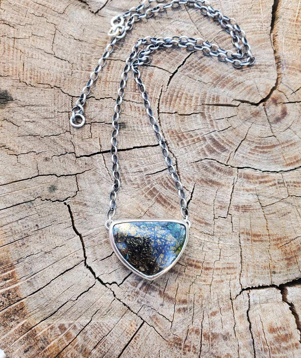 Golden Pyrite Chrysocolla Pendant Necklace in Solid Sterling Silver on a beautiful thick Oval Rolo Chain