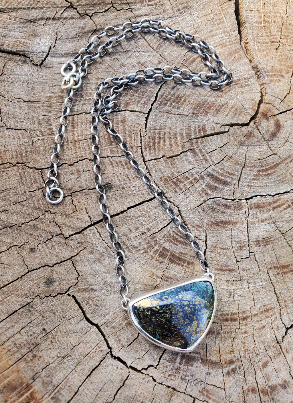 Golden Pyrite Chrysocolla Pendant Necklace in Solid Sterling Silver on a beautiful thick Oval Rolo Chain