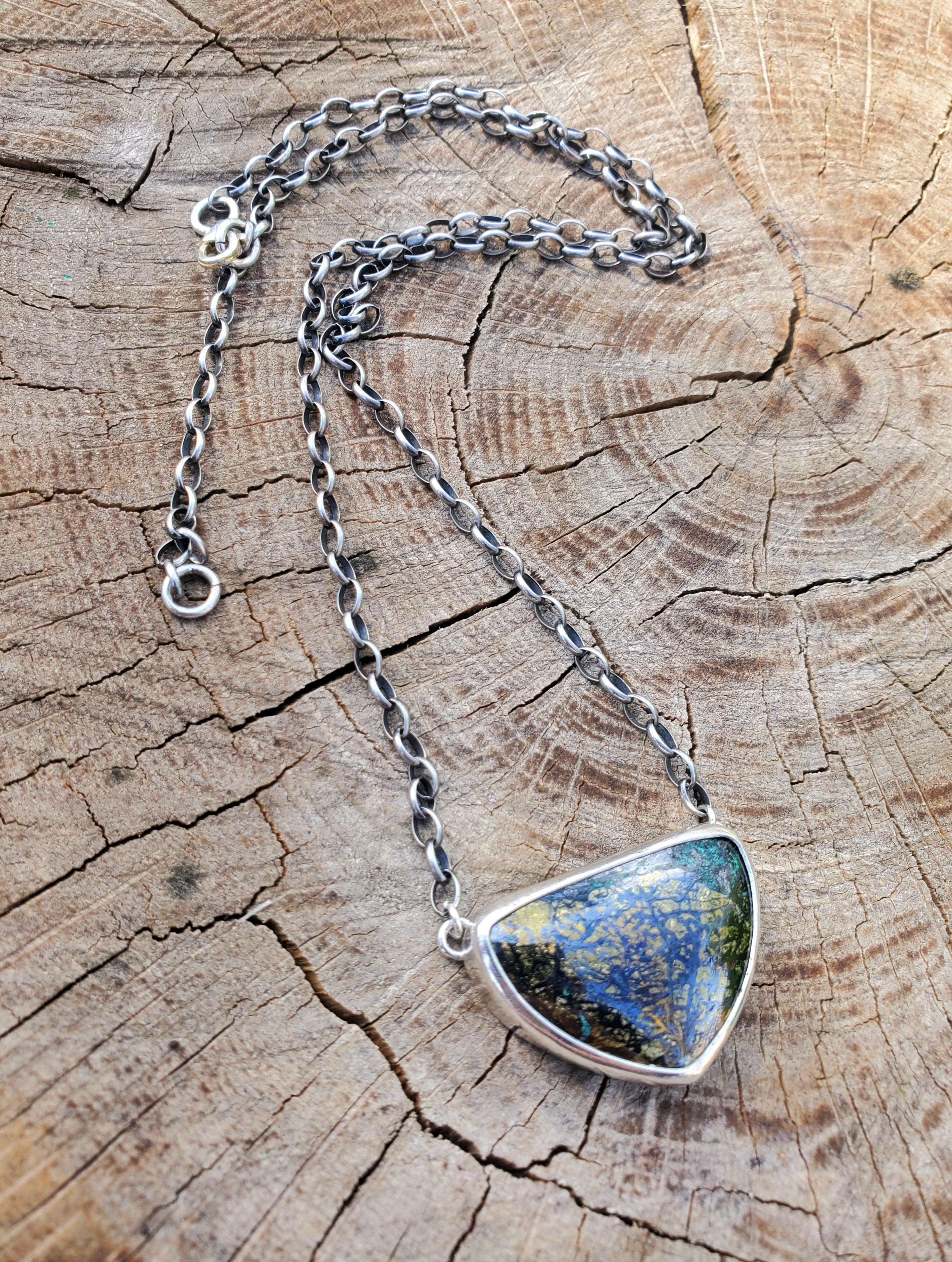 Golden Pyrite Chrysocolla Pendant Necklace in Solid Sterling Silver on a beautiful thick Oval Rolo Chain
