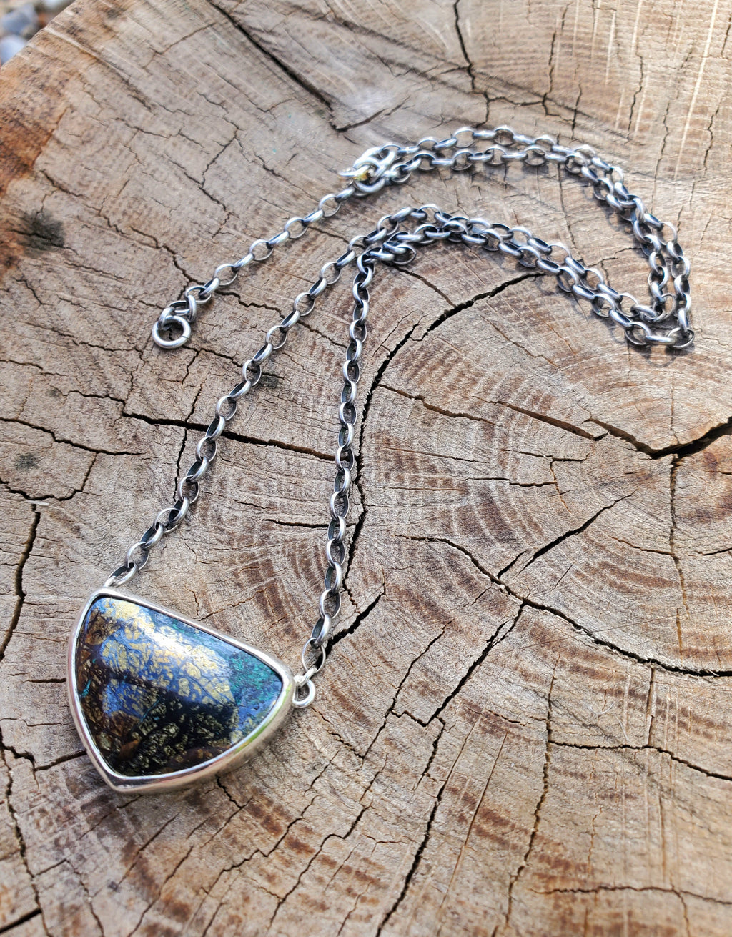 Golden Pyrite Chrysocolla Pendant Necklace in Solid Sterling Silver on a beautiful thick Oval Rolo Chain