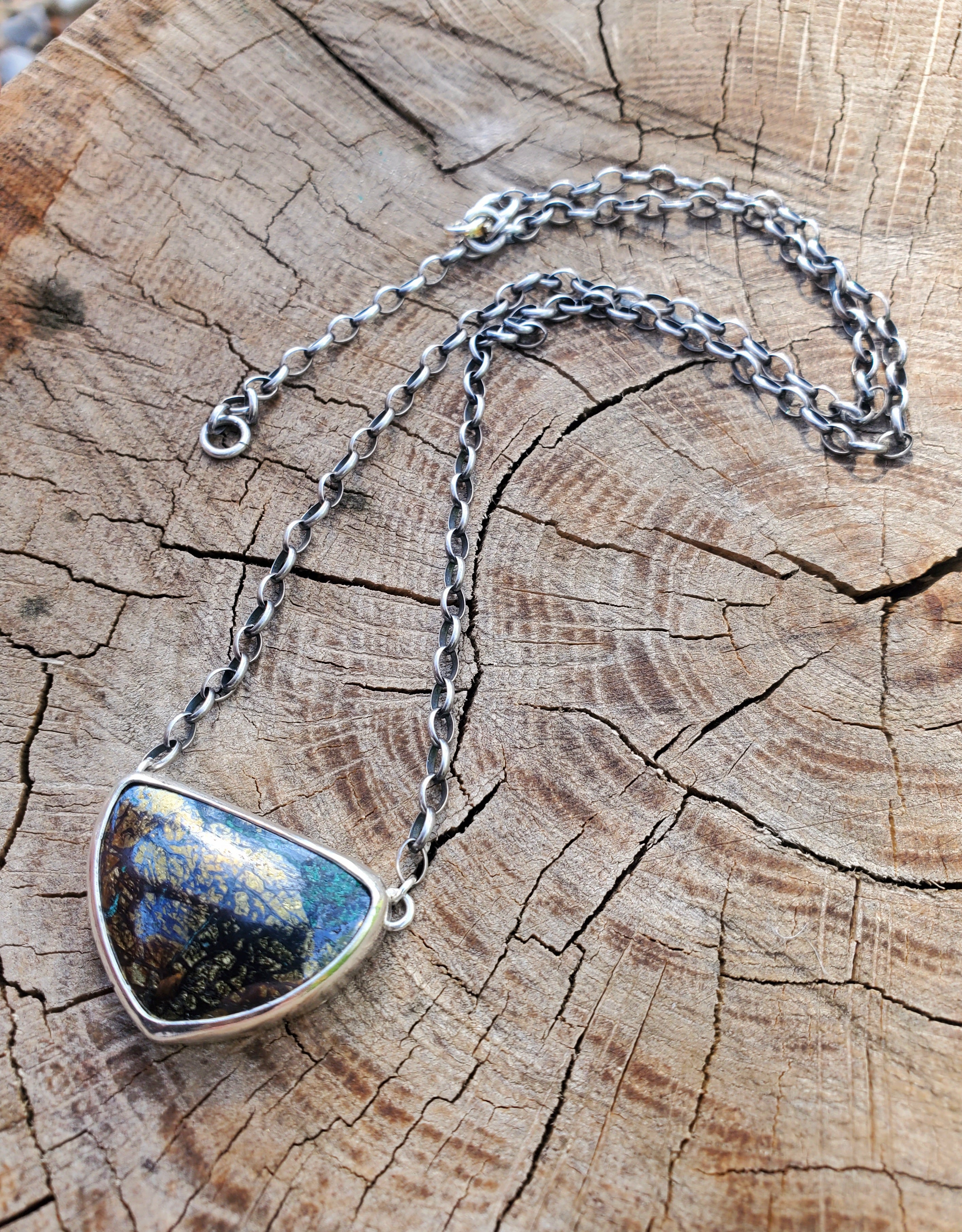 Golden Pyrite Chrysocolla Pendant Necklace in Solid Sterling Silver on a beautiful thick Oval Rolo Chain