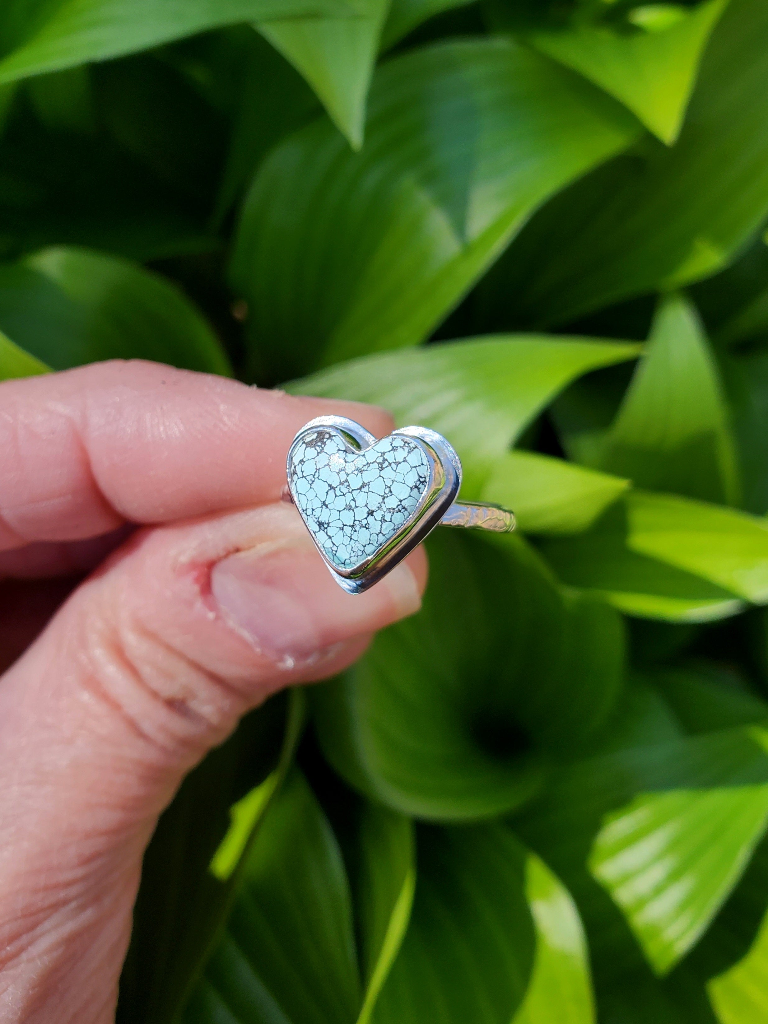SOLD - Beautiful Blue Moon Turquoise Heart Ring In Solid Sterling Silver. Size 7.