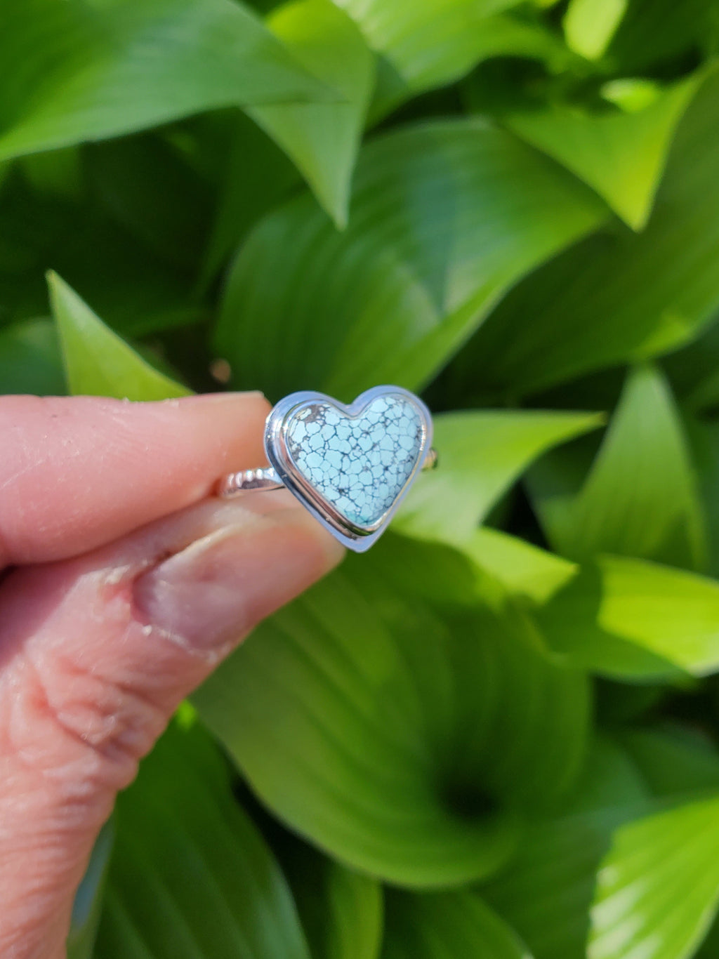 SOLD - Beautiful Blue Moon Turquoise Heart Ring In Solid Sterling Silver. Size 7.