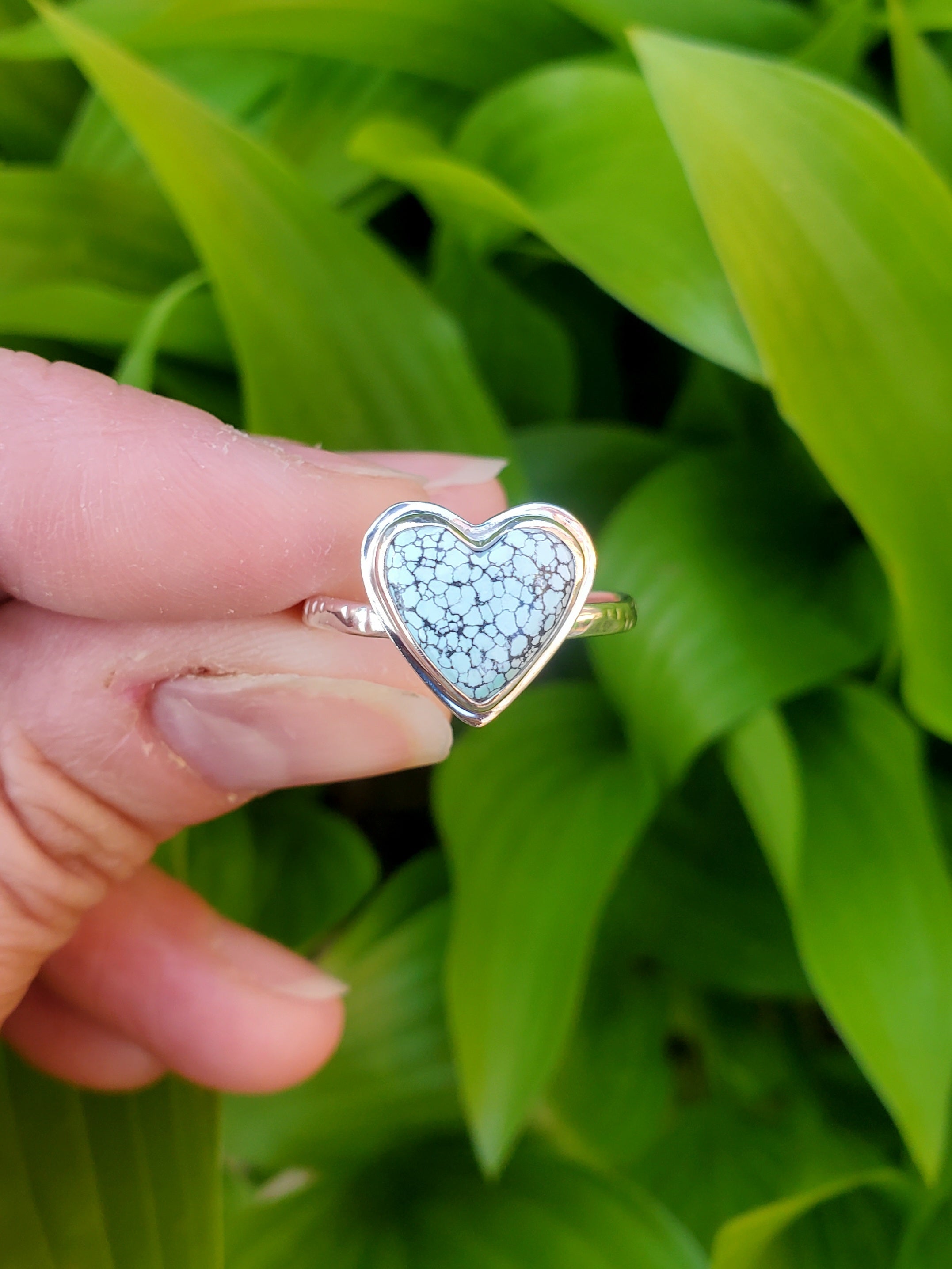 Beautiful Blue Moon Turquoise Heart Ring In Solid Sterling Silver. Size 8.