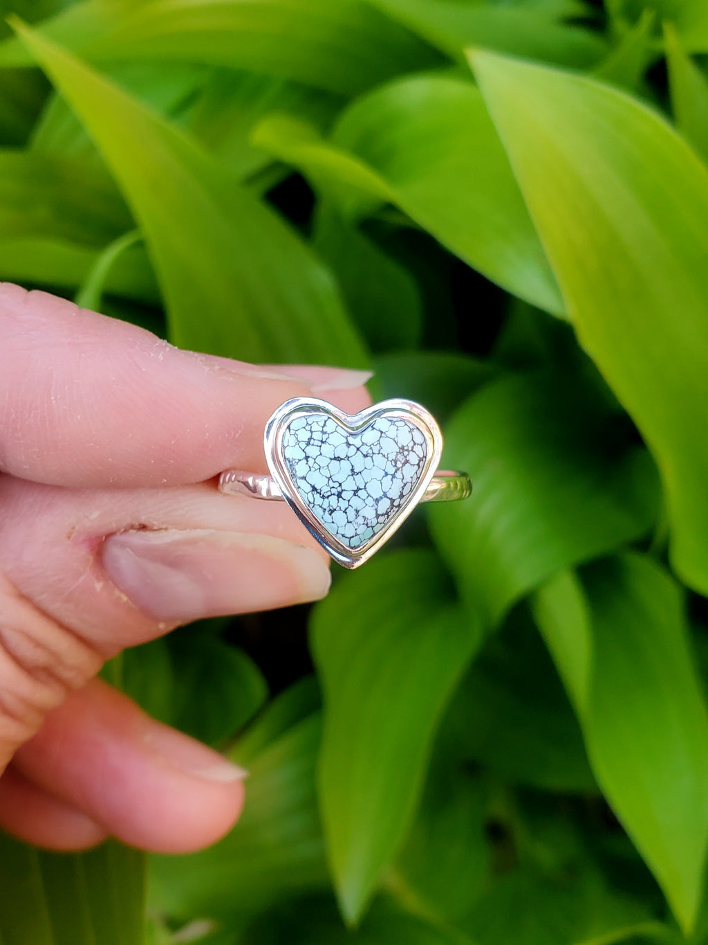 Beautiful Blue Moon Turquoise Heart Ring In Solid Sterling Silver. Size 8.