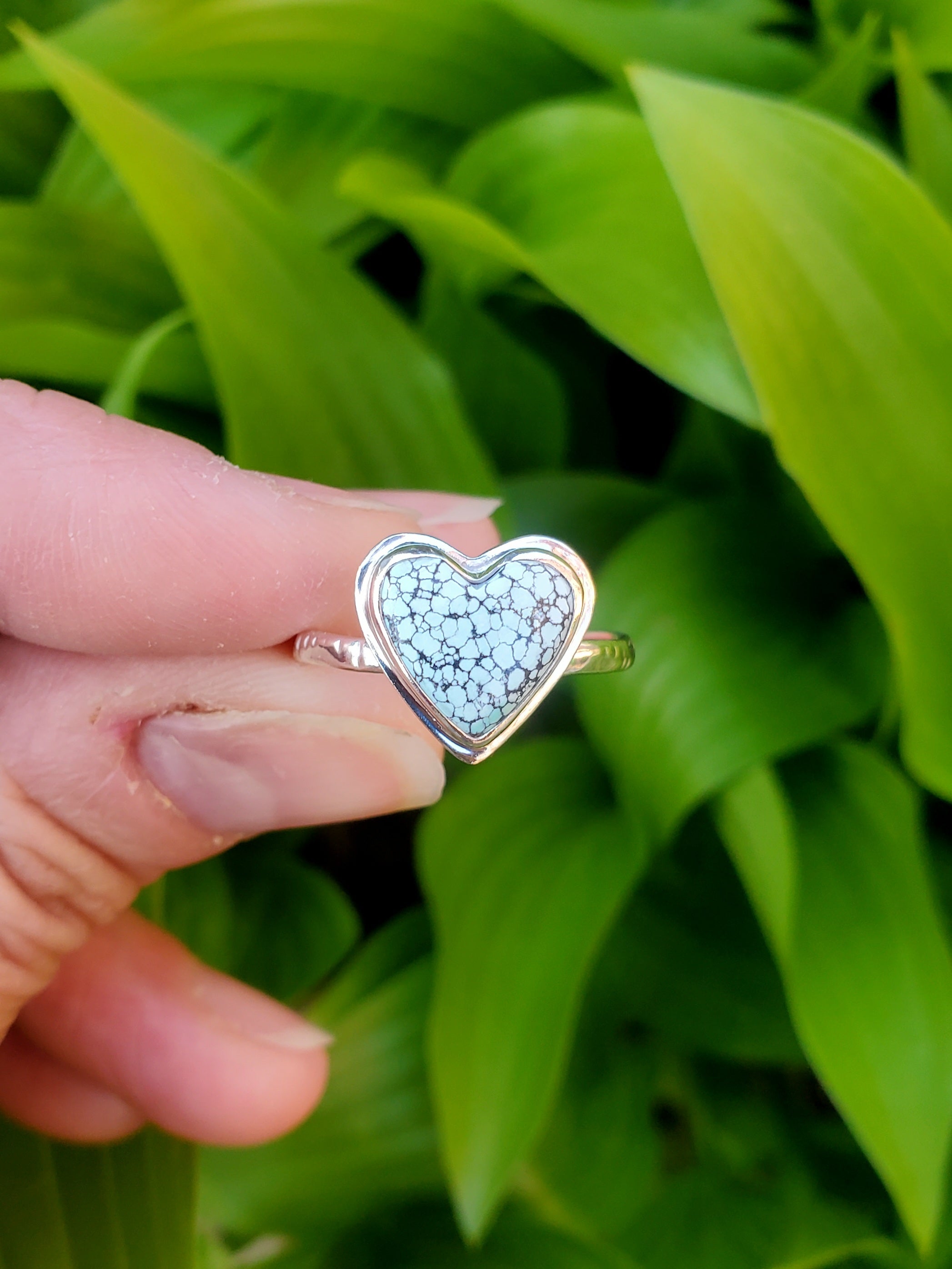 Beautiful Blue Moon Turquoise Heart Ring In Solid Sterling Silver. Size 8.