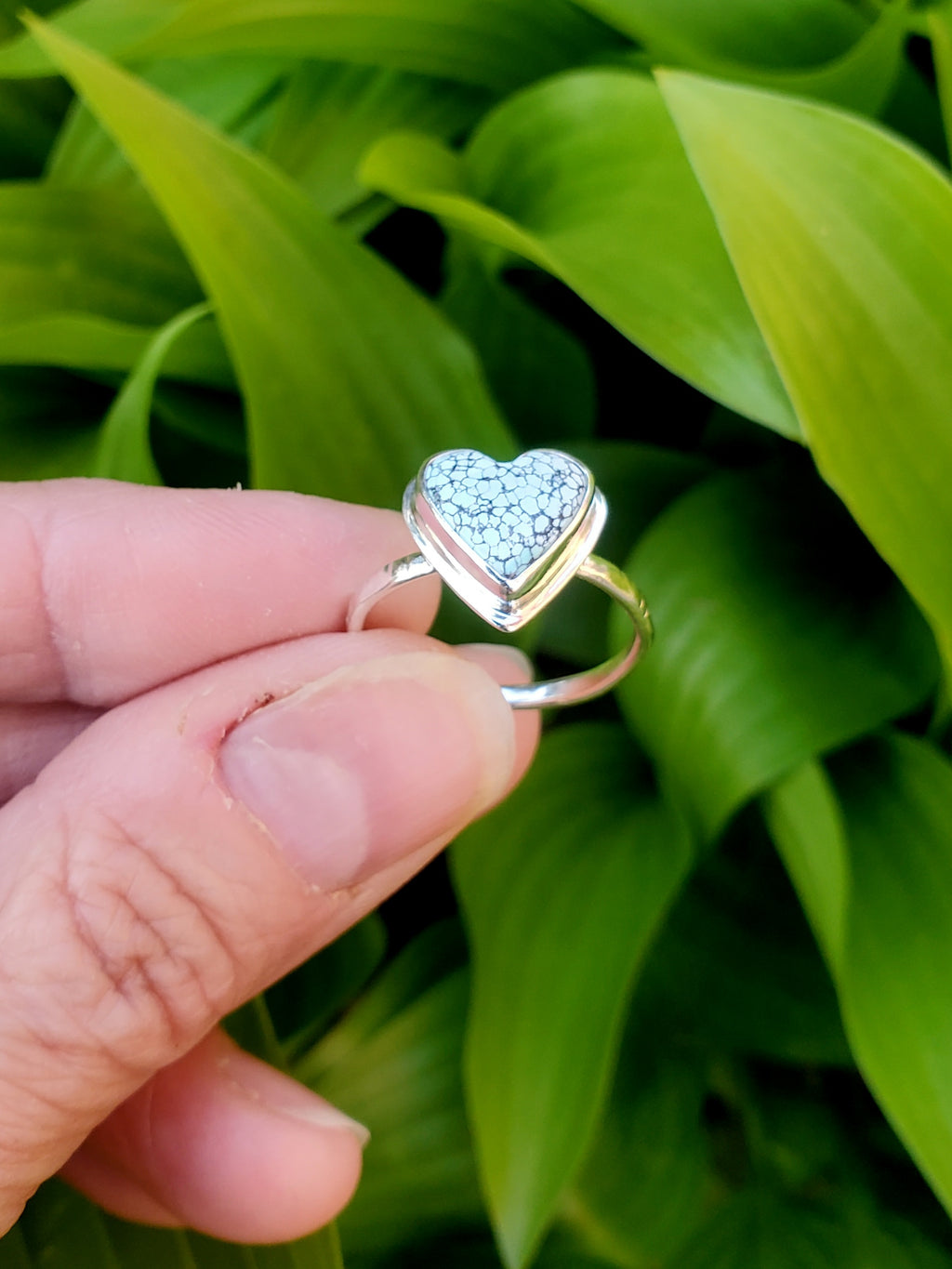Beautiful Blue Moon Turquoise Heart Ring In Solid Sterling Silver. Size 8.