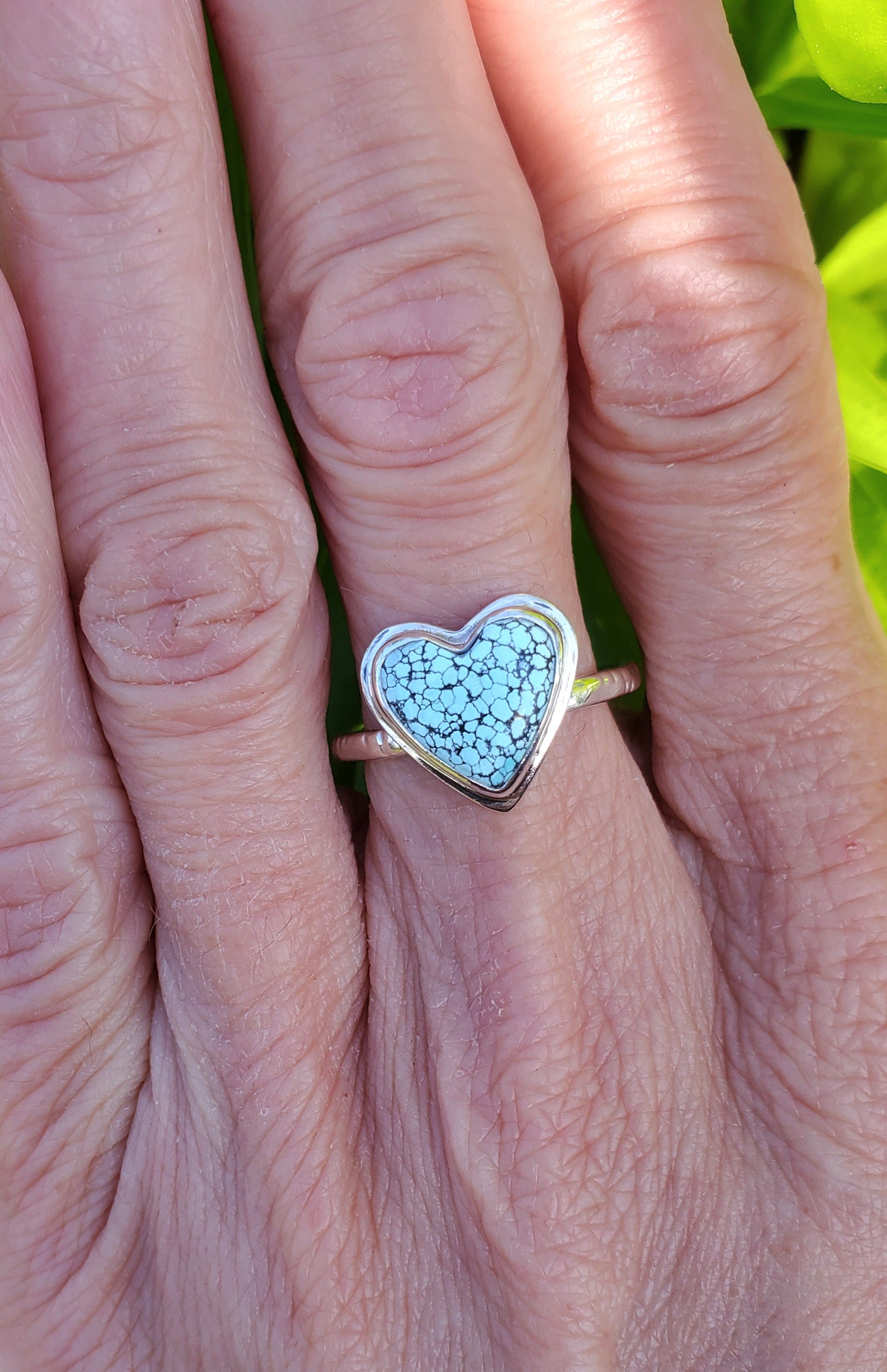 Beautiful Blue Moon Turquoise Heart Ring In Solid Sterling Silver. Size 8.