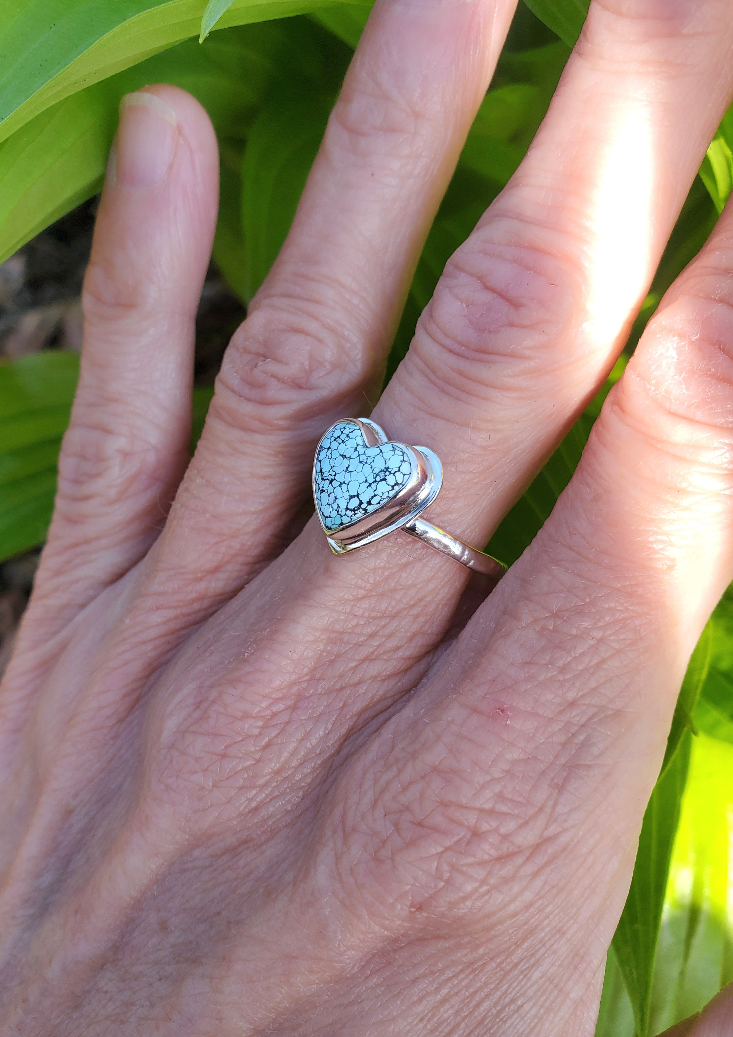 Beautiful Blue Moon Turquoise Heart Ring In Solid Sterling Silver. Size 8.