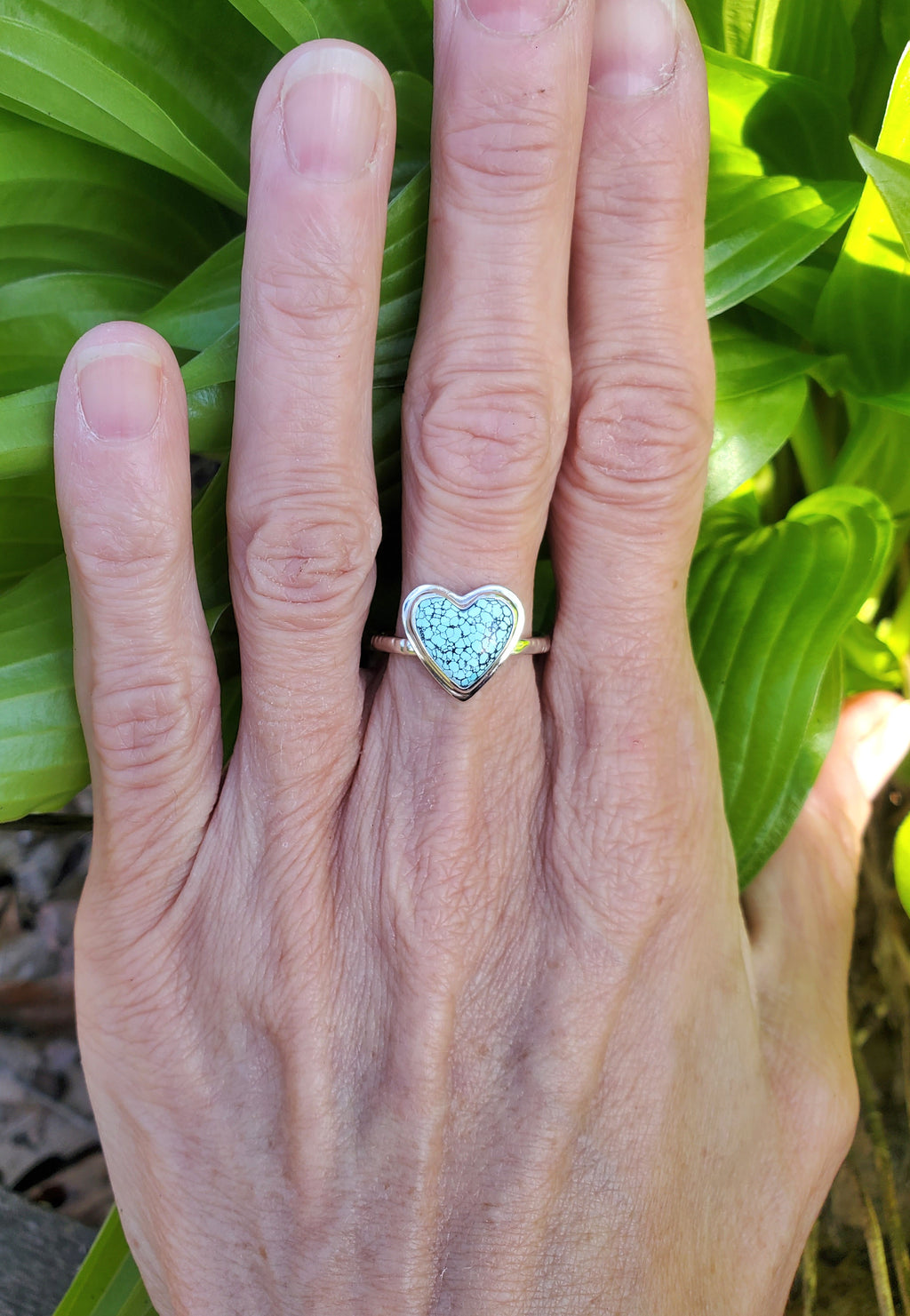Beautiful Blue Moon Turquoise Heart Ring In Solid Sterling Silver. Size 8.
