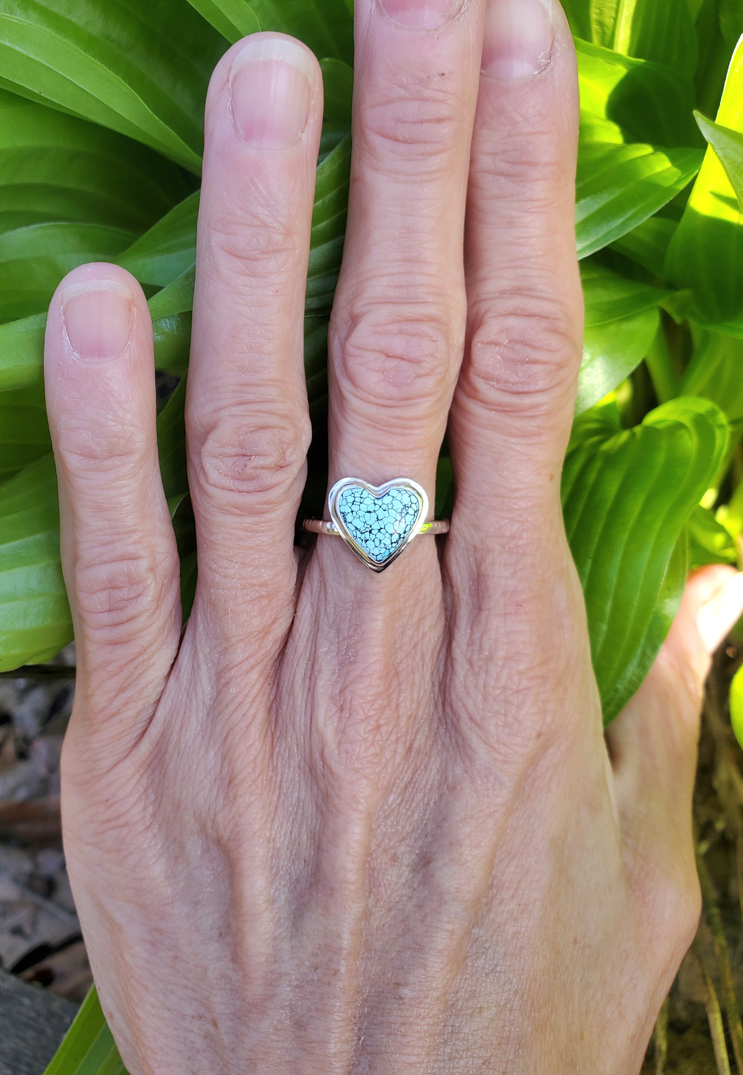 Beautiful Blue Moon Turquoise Heart Ring In Solid Sterling Silver. Size 8.