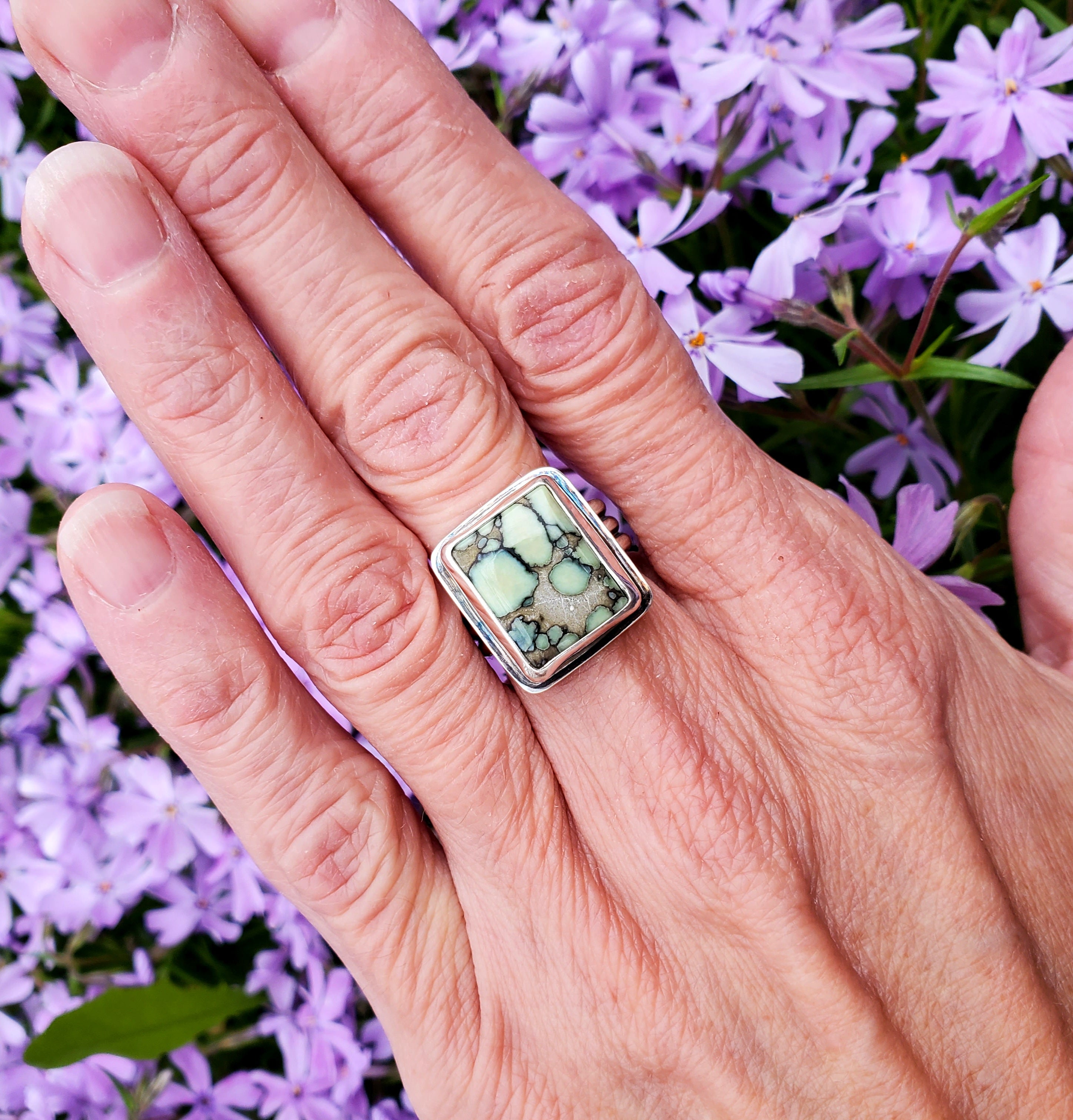 Desert Bloom Variscite Square Statement Ring in Solid Sterling Silver. Size 7.25