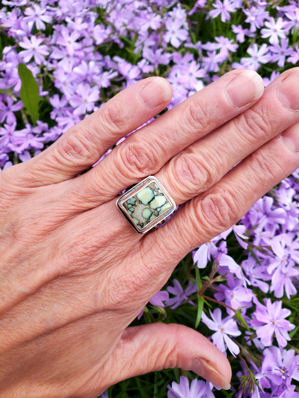 Desert Bloom Variscite Square Statement Ring in Solid Sterling Silver. Size 7.25