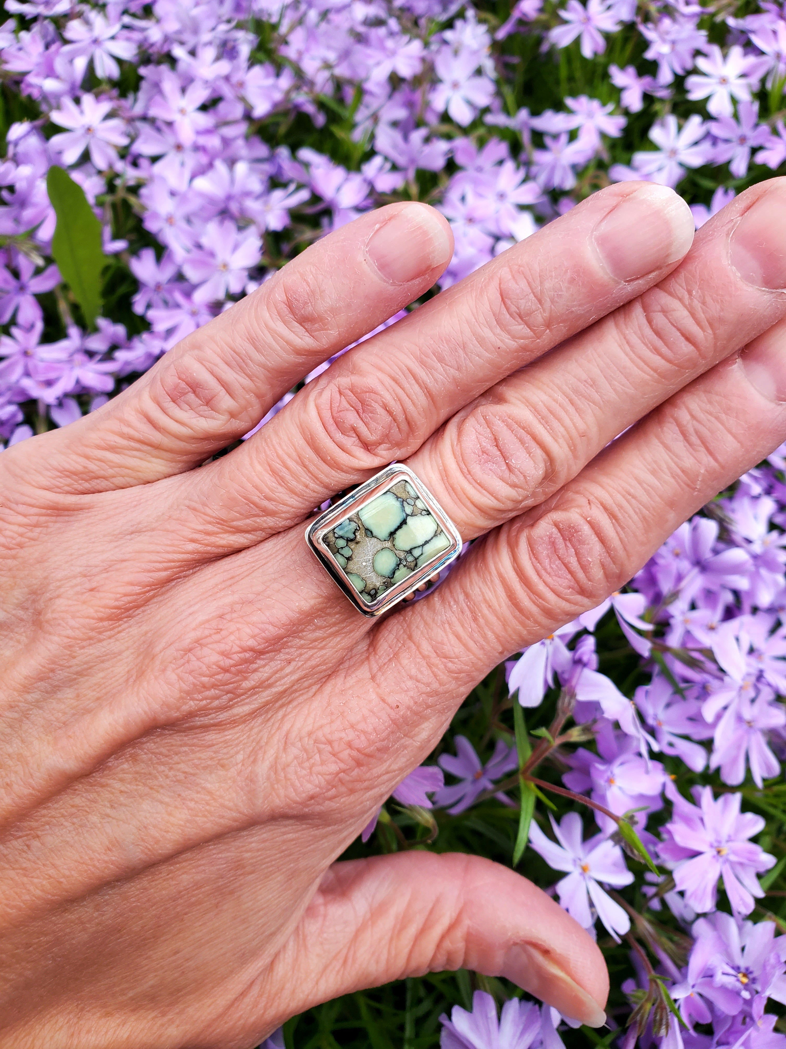 Desert Bloom Variscite Square Statement Ring in Solid Sterling Silver. Size 7.25