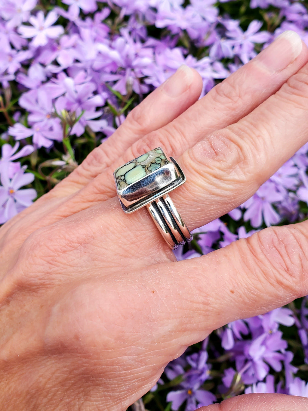 Desert Bloom Variscite Square Statement Ring in Solid Sterling Silver. Size 7.25