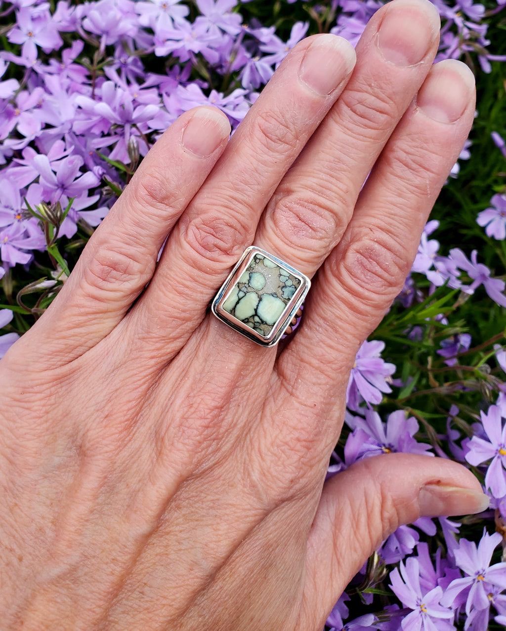 Desert Bloom Variscite Square Statement Ring in Solid Sterling Silver. Size 7.25