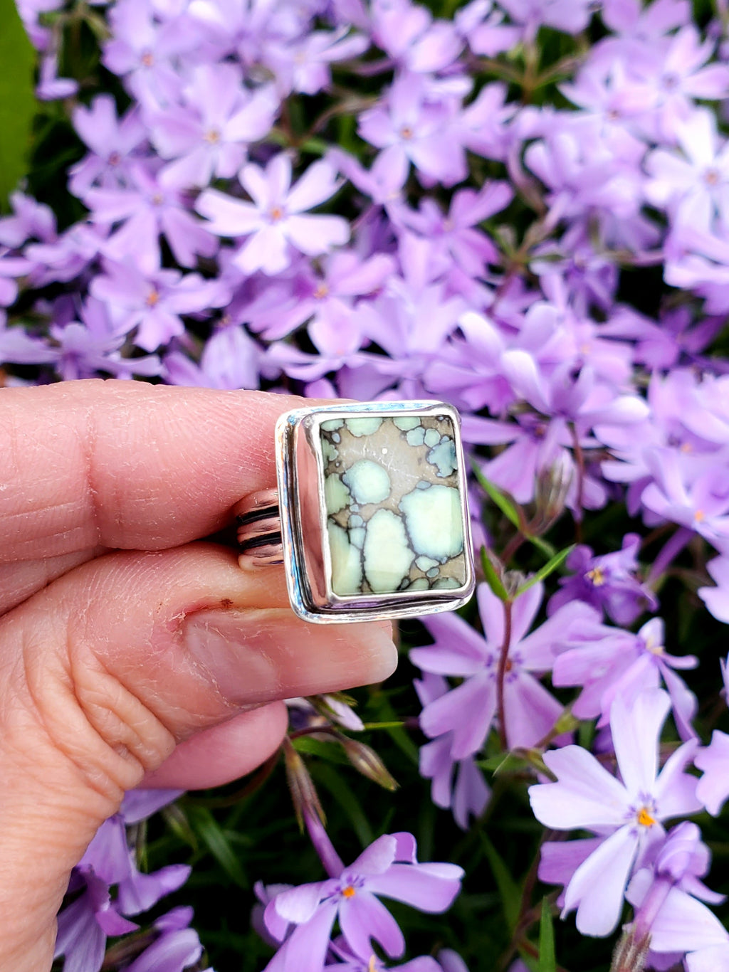 Desert Bloom Variscite Square Statement Ring in Solid Sterling Silver. Size 7.25