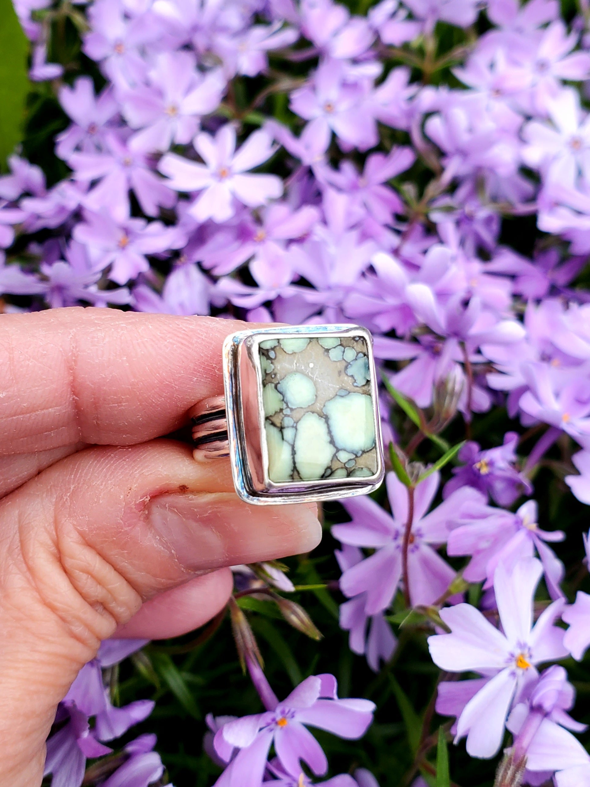Desert Bloom Variscite Square Statement Ring in Solid Sterling Silver. Size 7.25