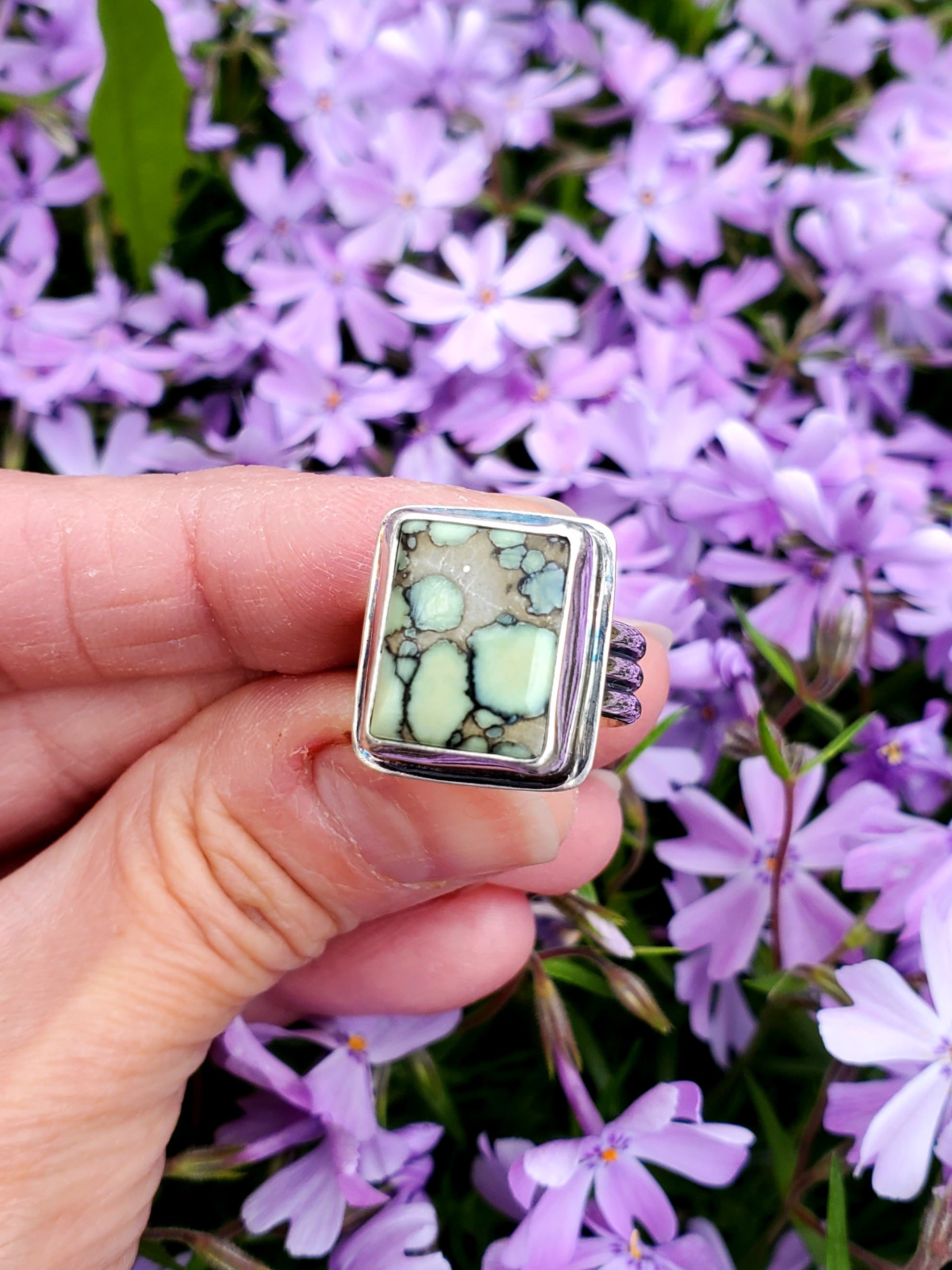 Desert Bloom Variscite Square Statement Ring in Solid Sterling Silver. Size 7.25