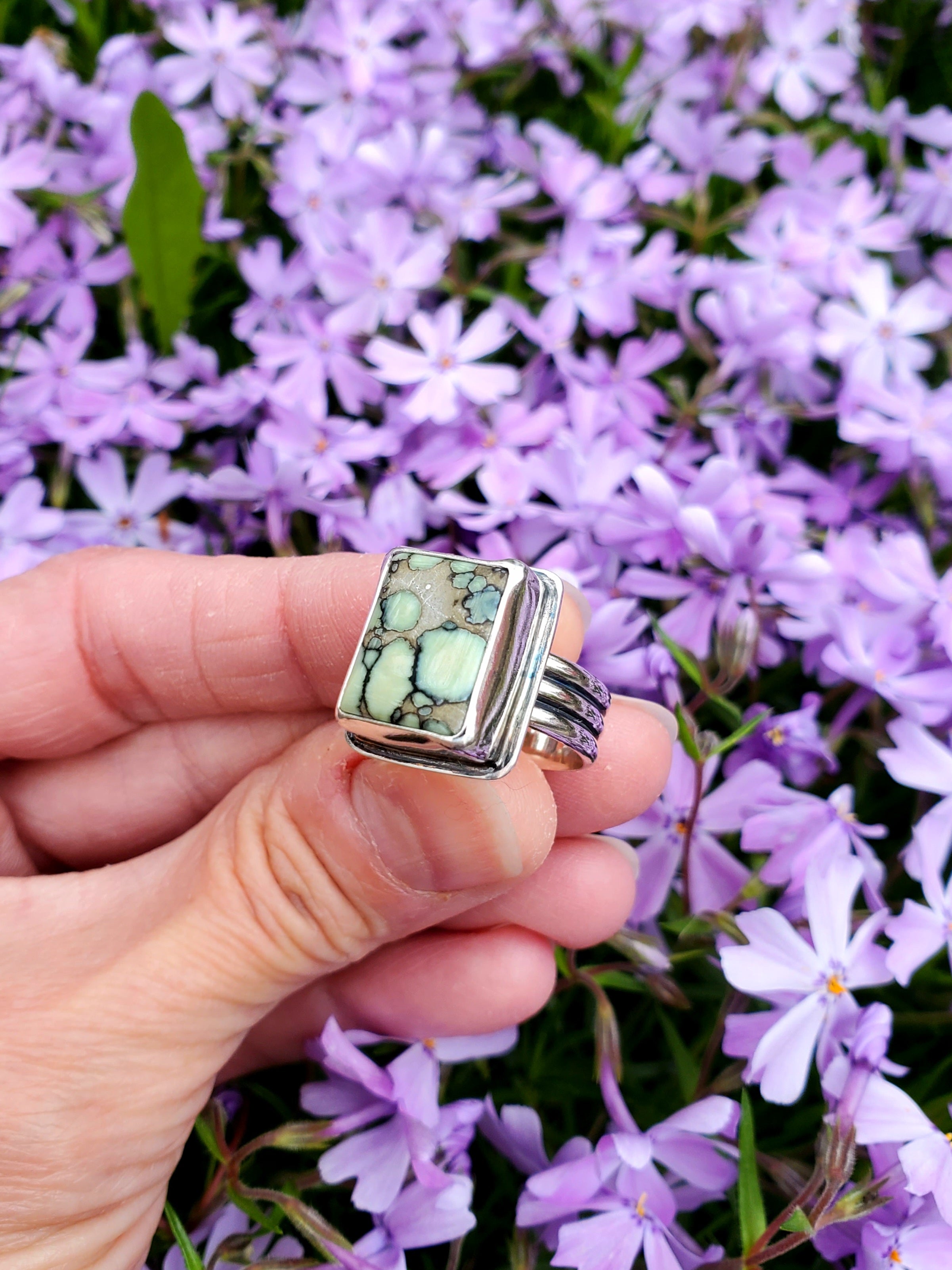 Desert Bloom Variscite Square Statement Ring in Solid Sterling Silver. Size 7.25