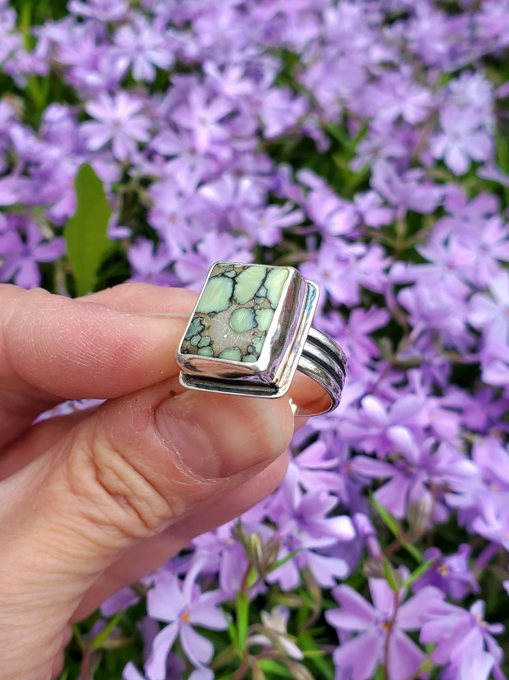 Desert Bloom Variscite Square Statement Ring in Solid Sterling Silver. Size 7.25
