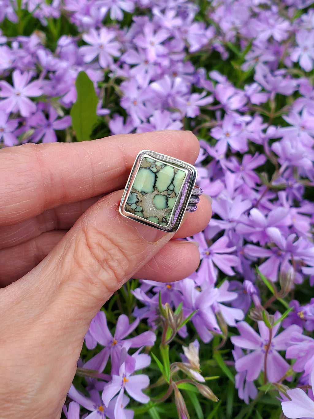 Desert Bloom Variscite Square Statement Ring in Solid Sterling Silver. Size 7.25