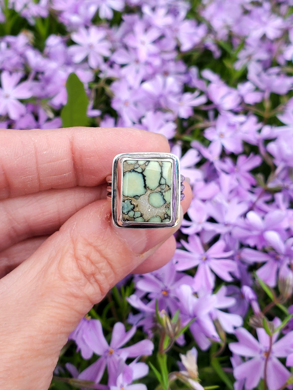 Desert Bloom Variscite Square Statement Ring in Solid Sterling Silver. Size 7.25