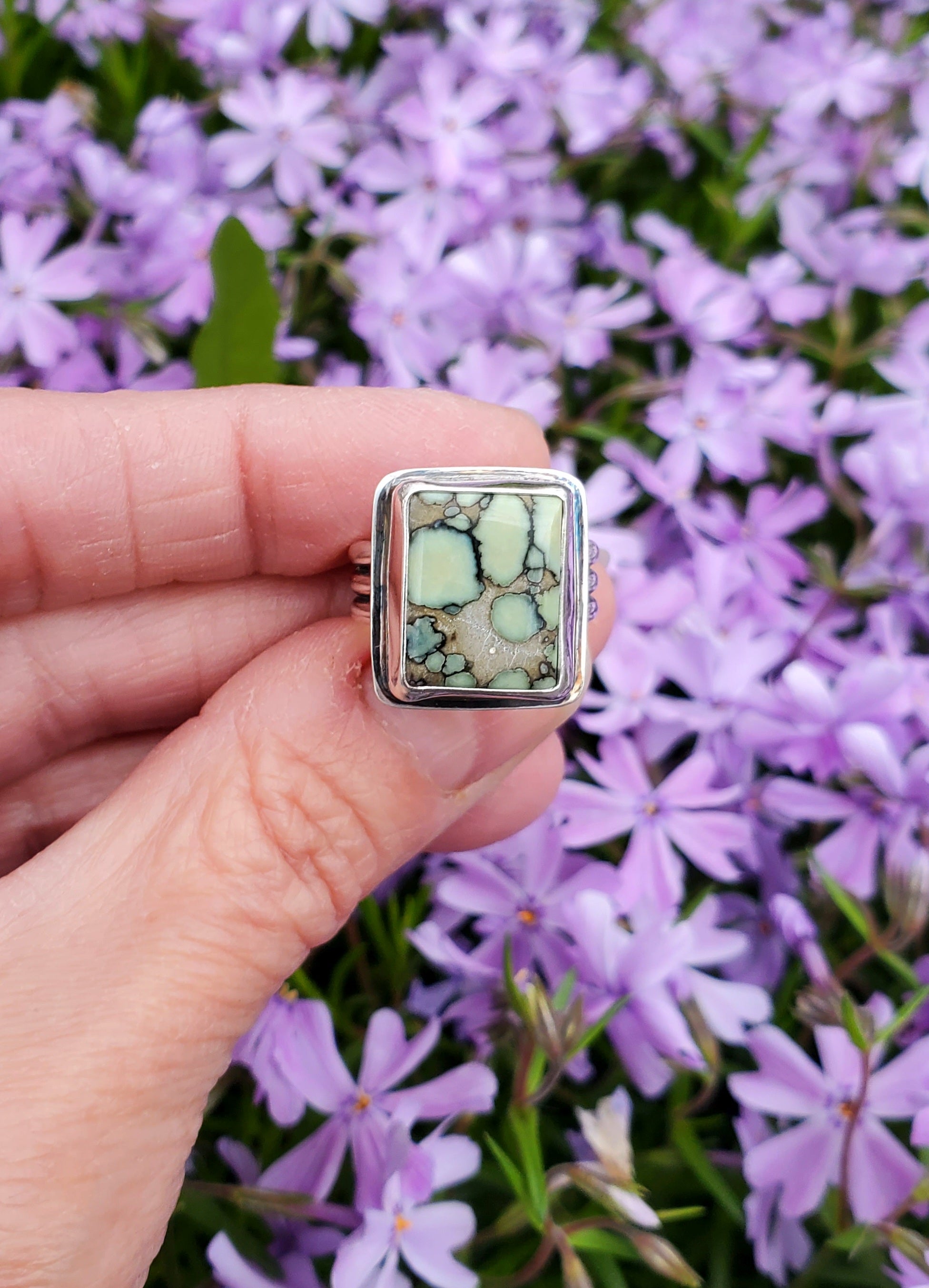 Desert Bloom Variscite Square Statement Ring in Solid Sterling Silver. Size 7.25