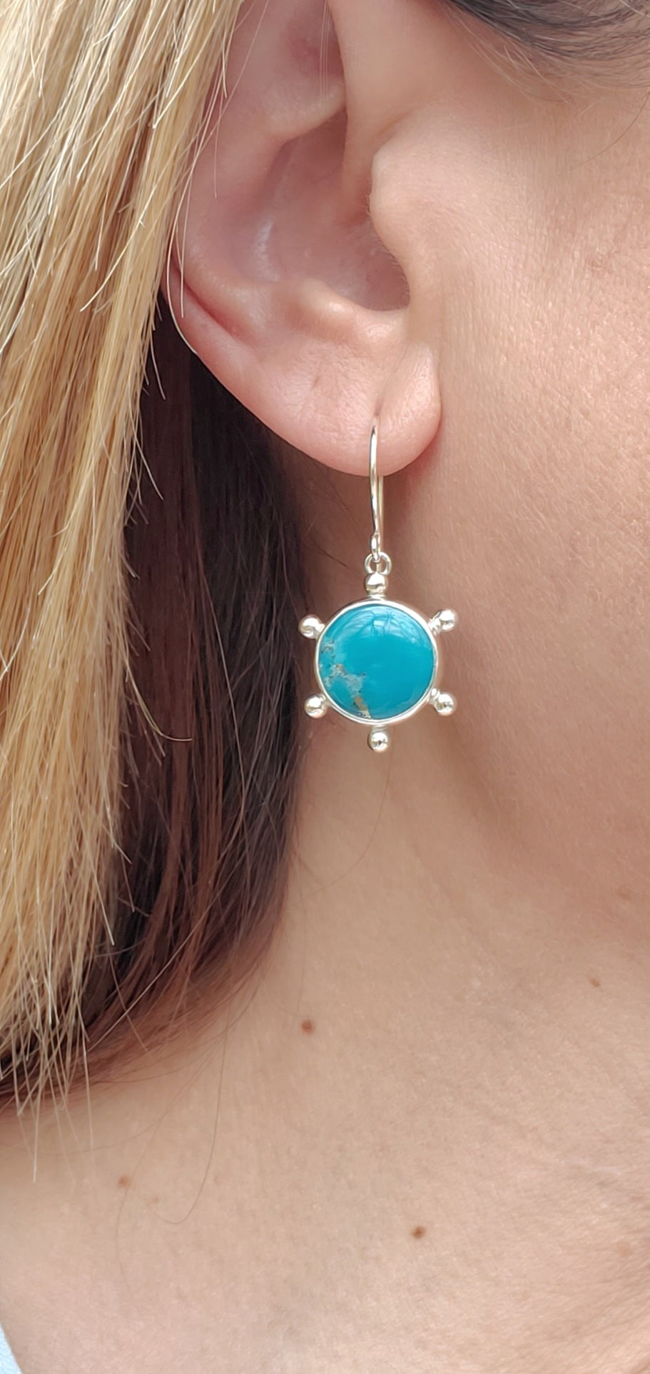 Persian Blue Turquoise Round Studded Dangle Drop Earrings in Solid Sterling Silver