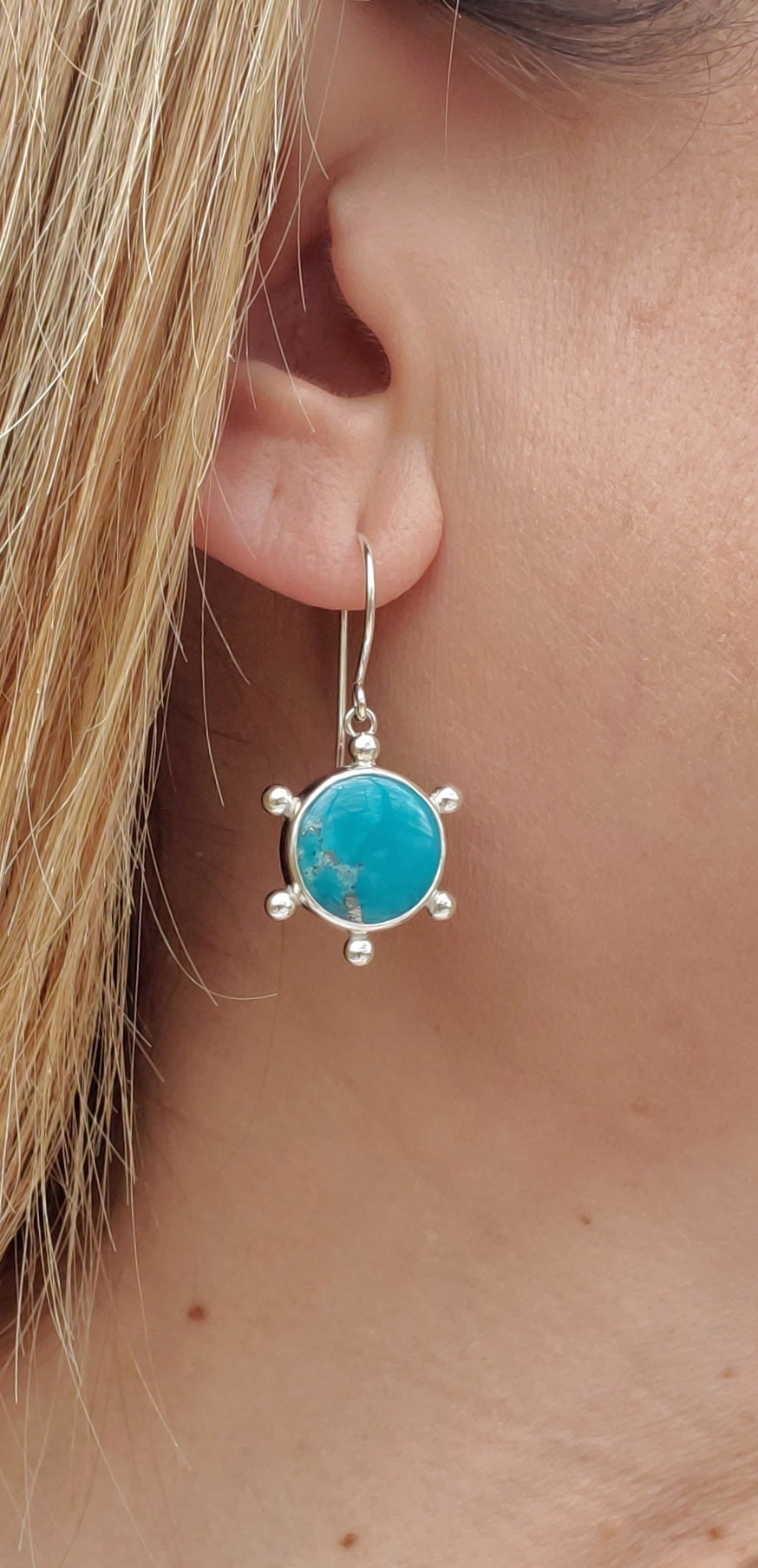 Persian Blue Turquoise Round Studded Dangle Drop Earrings in Solid Sterling Silver