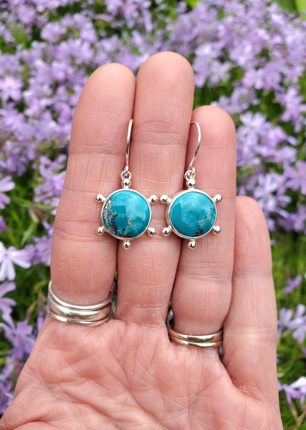 Persian Blue Turquoise Round Studded Dangle Drop Earrings in Solid Sterling Silver