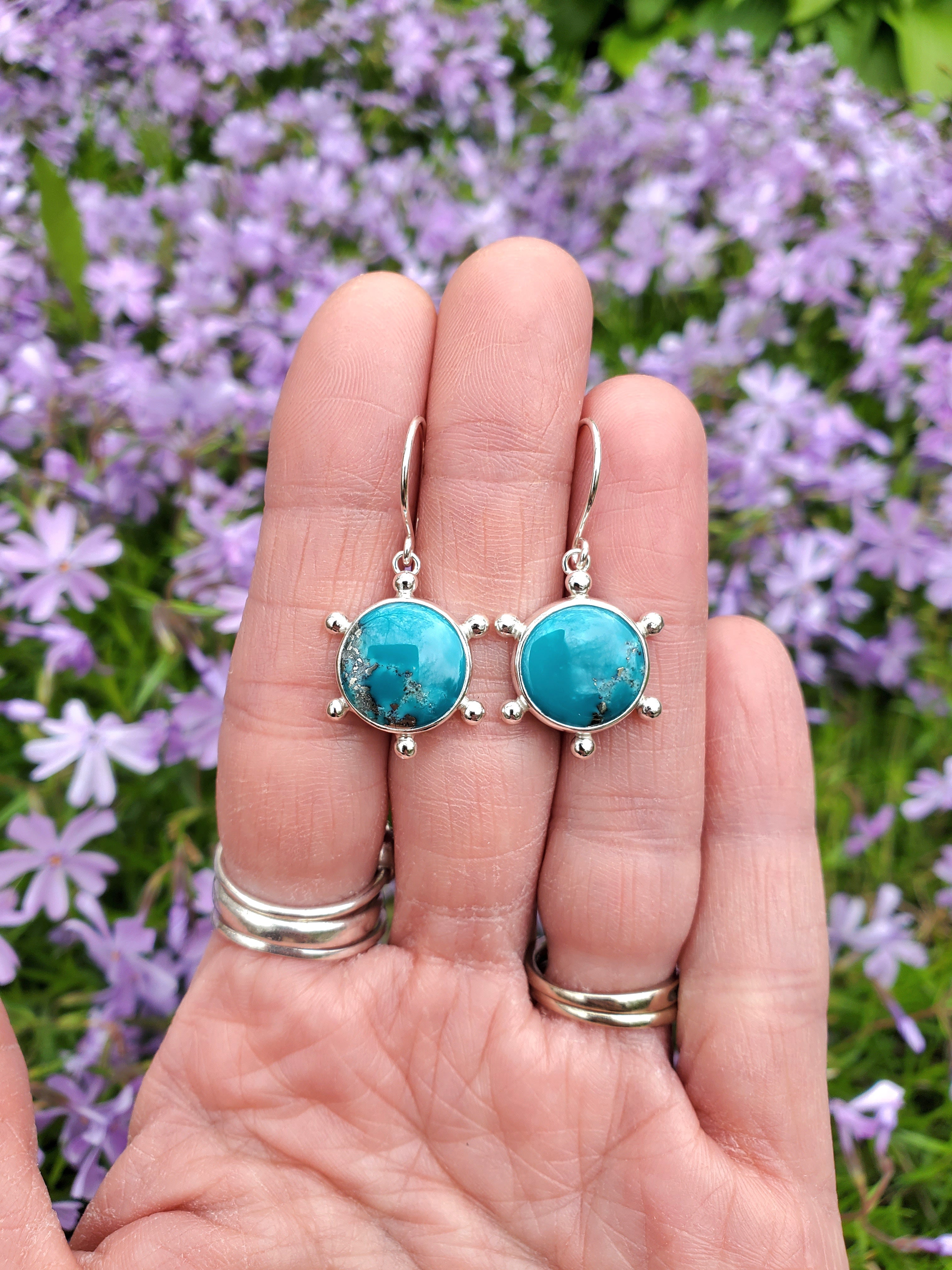 Persian Blue Turquoise Round Studded Dangle Drop Earrings in Solid Sterling Silver