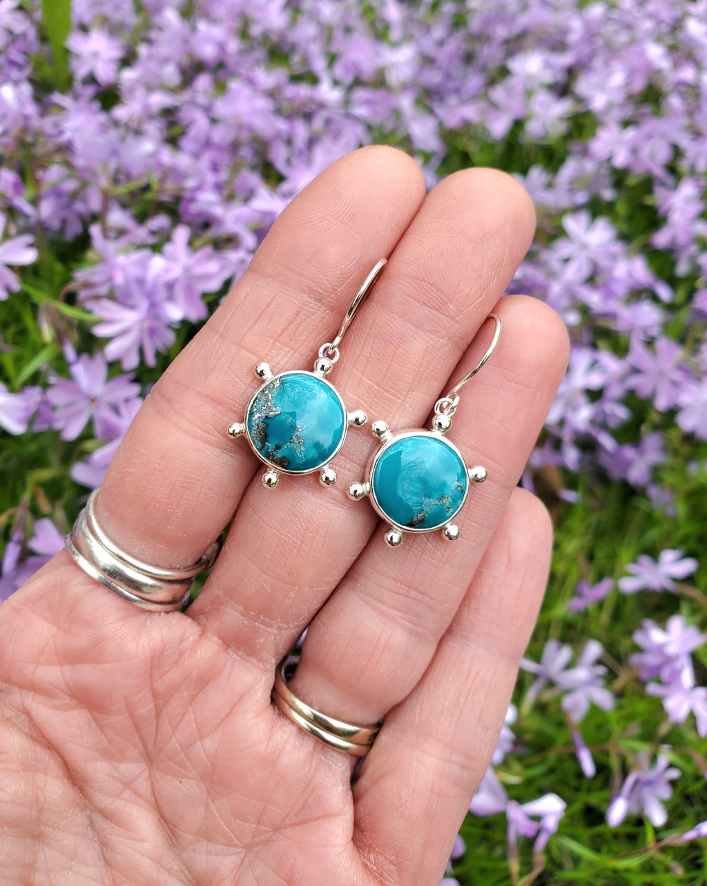 Persian Blue Turquoise Round Studded Dangle Drop Earrings in Solid Sterling Silver