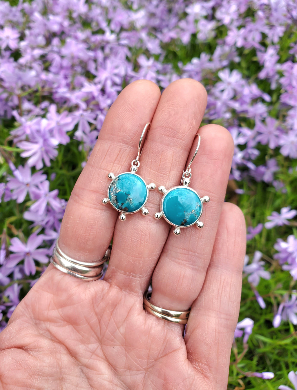 Persian Blue Turquoise Round Studded Dangle Drop Earrings in Solid Sterling Silver