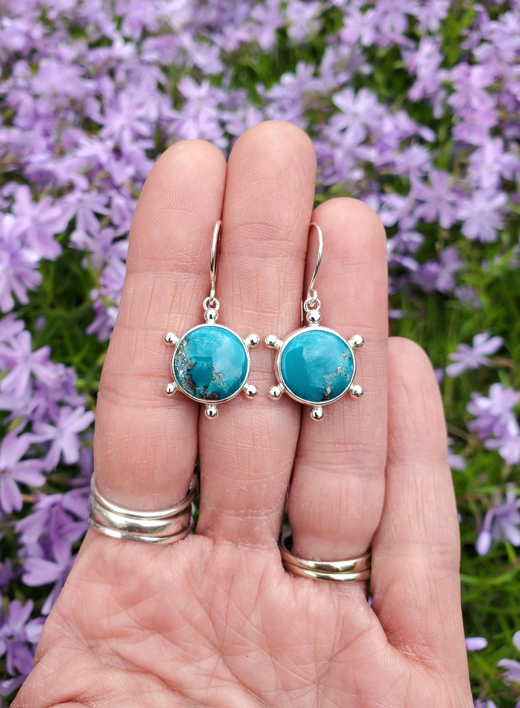Persian Blue Turquoise Round Studded Dangle Drop Earrings in Solid Sterling Silver