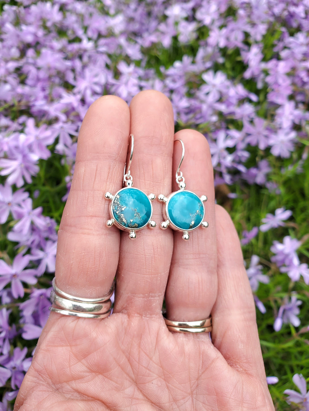 Persian Blue Turquoise Round Studded Dangle Drop Earrings in Solid Sterling Silver